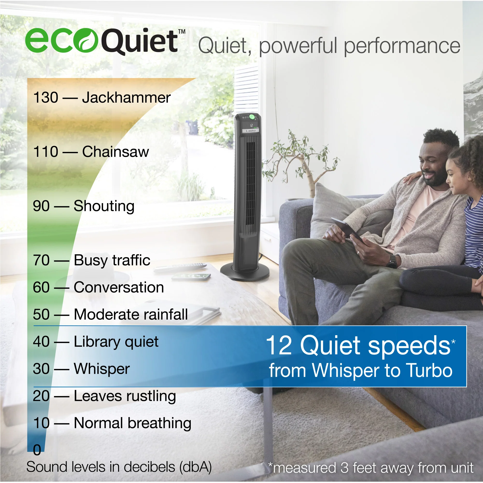 Lasko EcoQuiet 42" DC Tower Fan: Oscillating, 12-Speed, Remote, Black - Image 4