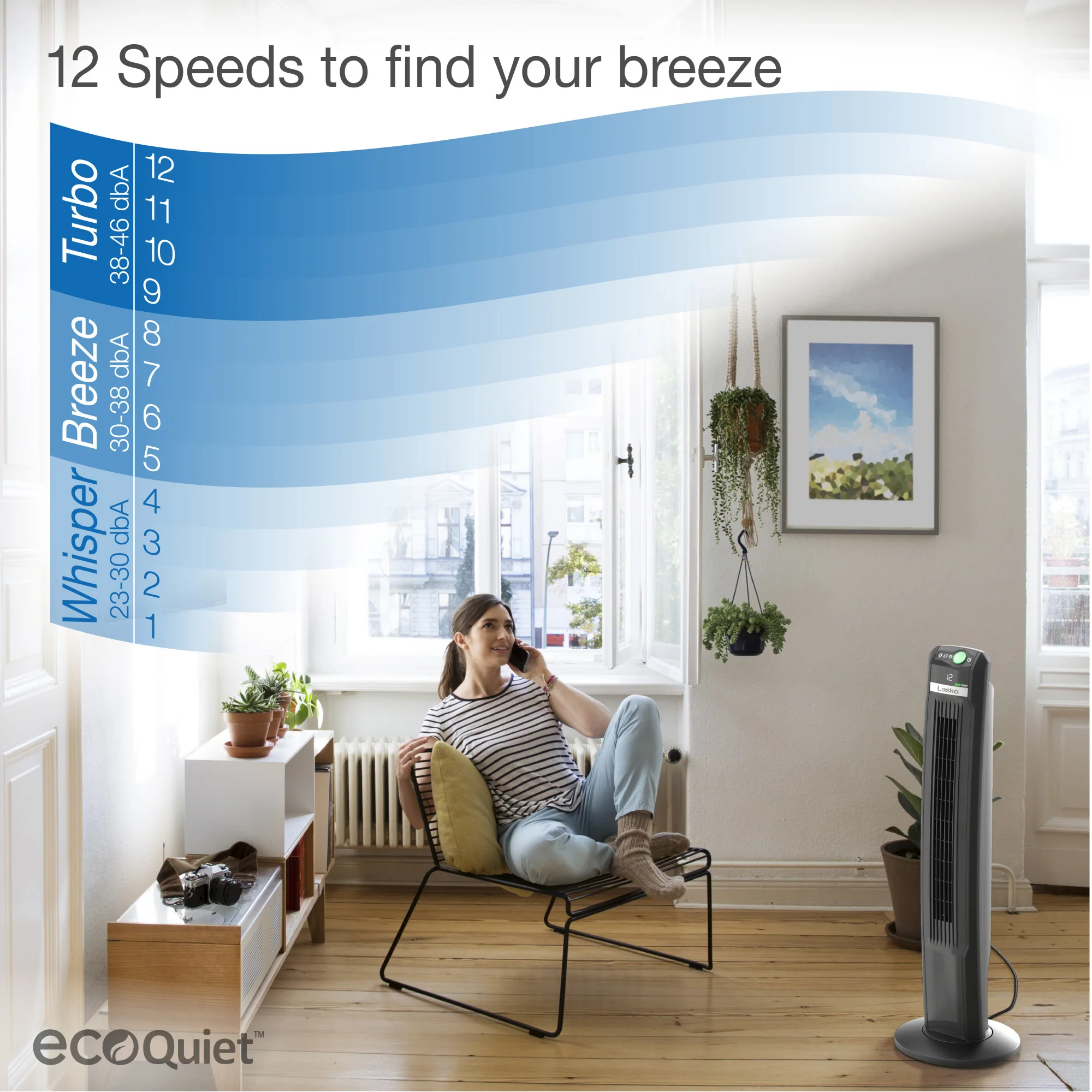 Lasko EcoQuiet 42" DC Tower Fan: Oscillating, 12-Speed, Remote, Black - Image 5