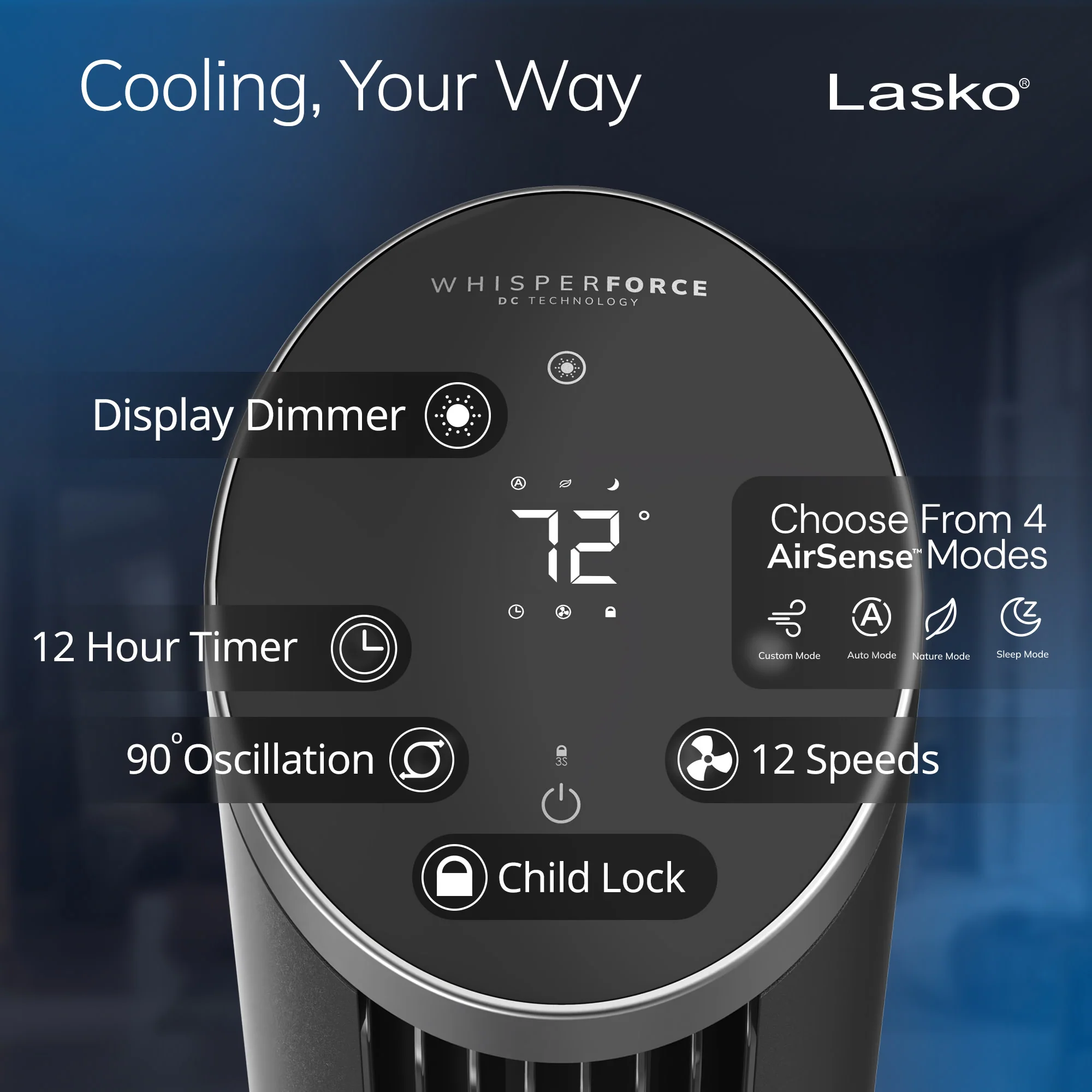 Lasko 42" DC Tower Fan: Oscillating, 12-Speed, Remote, Timer, Black - Image 6