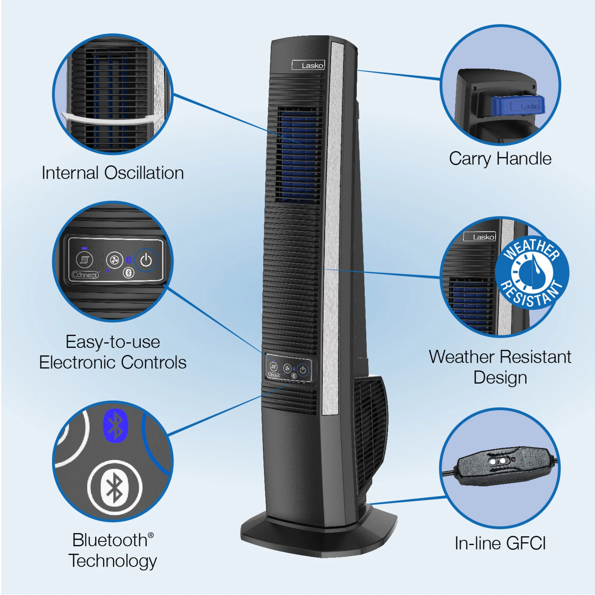 Lasko 42" Outdoor Tower Fan: Oscillating, 4-Speed, Bluetooth, Black - Image 3