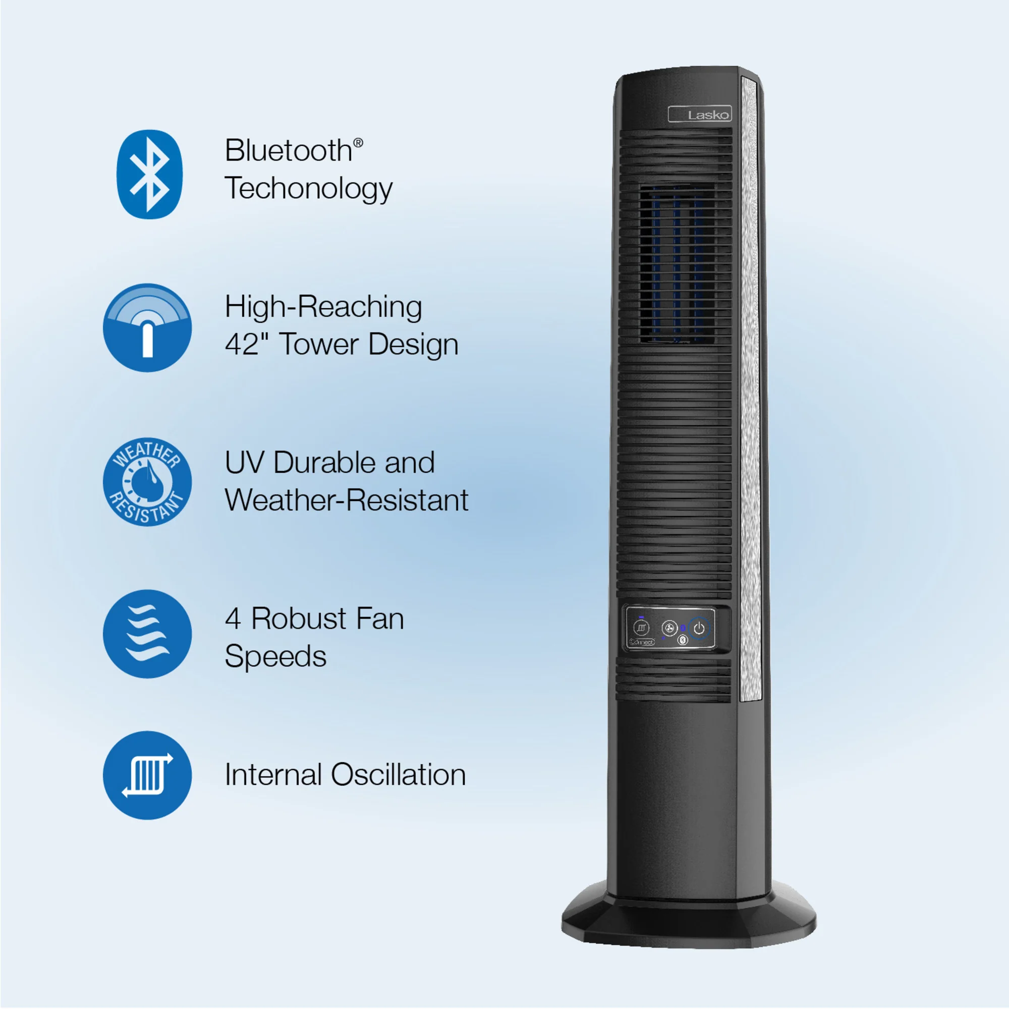Lasko 42" Outdoor Tower Fan: Oscillating, 4-Speed, Bluetooth, Black - Image 6