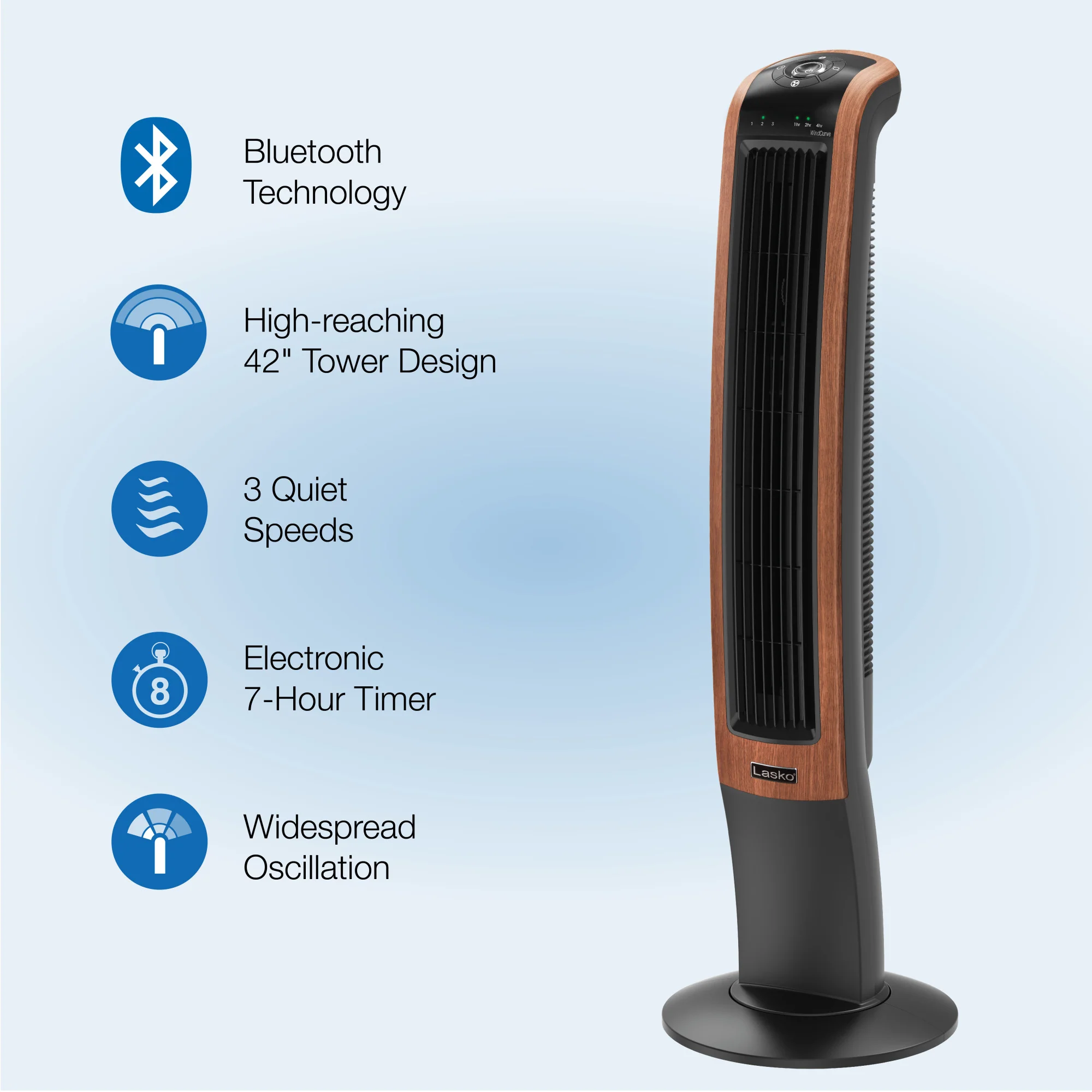 Lasko Wind Curve 42" Tower Fan: Oscillating, 3-Speed, Bluetooth, Timer, Black - Image 3