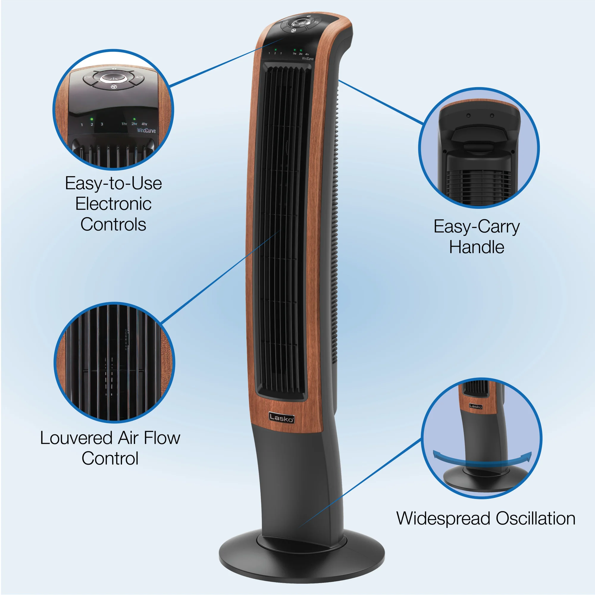 Lasko Wind Curve 42" Tower Fan: Oscillating, 3-Speed, Bluetooth, Timer, Black - Image 4