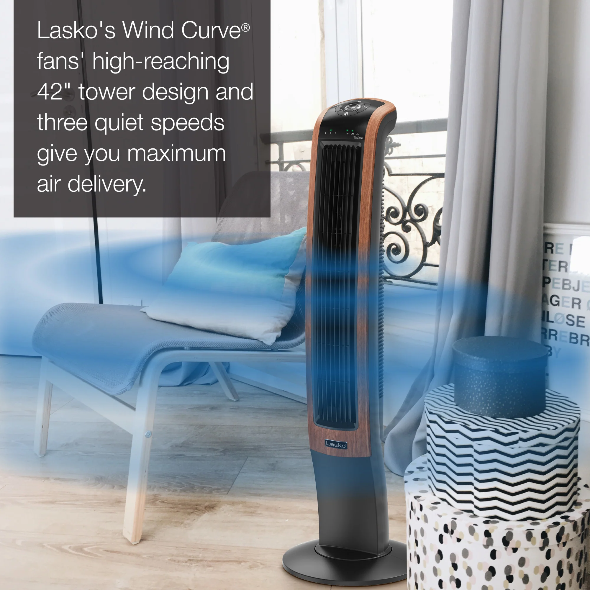 Lasko Wind Curve 42" Tower Fan: Oscillating, 3-Speed, Bluetooth, Timer, Black - Image 5