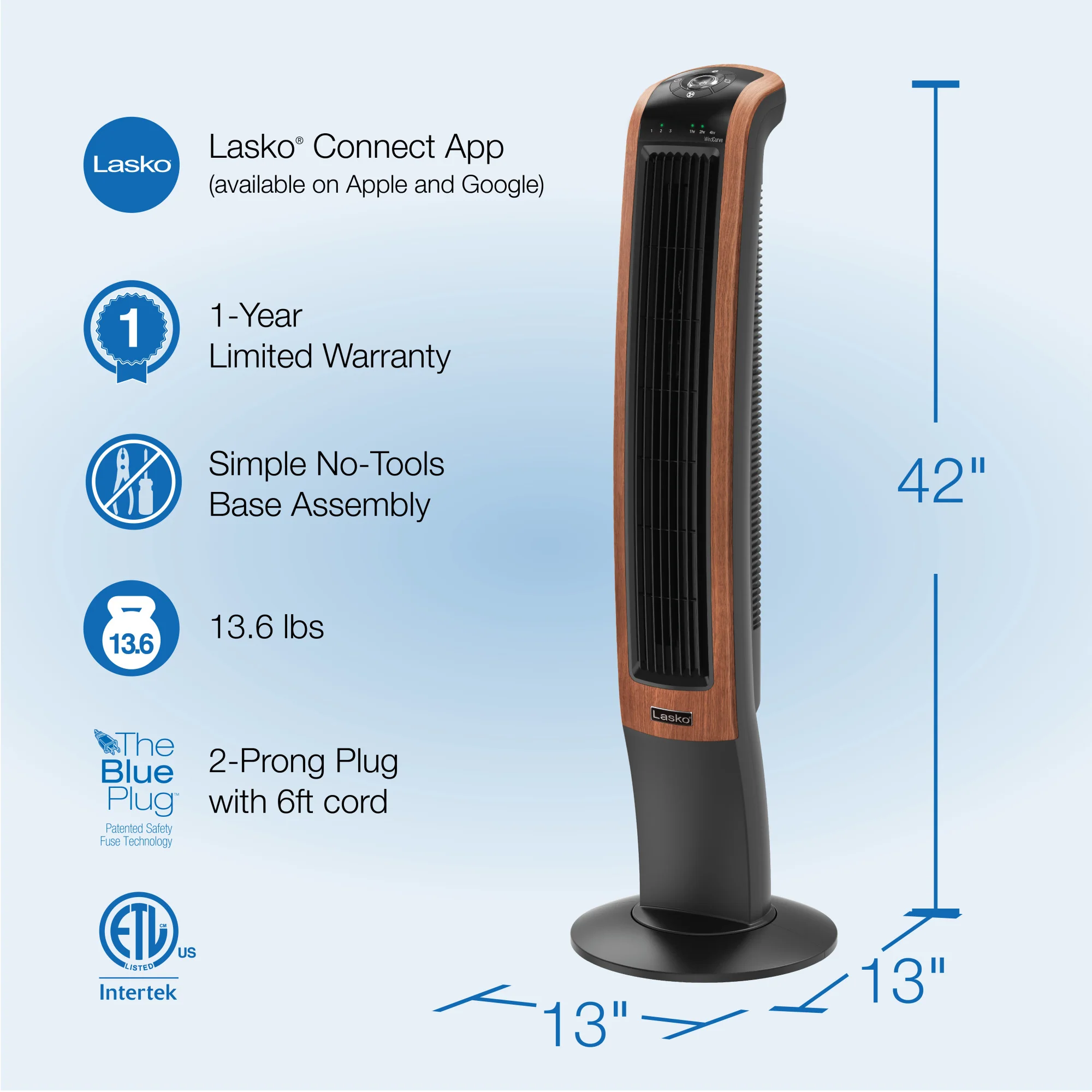 Lasko Wind Curve 42" Tower Fan: Oscillating, 3-Speed, Bluetooth, Timer, Black - Image 6