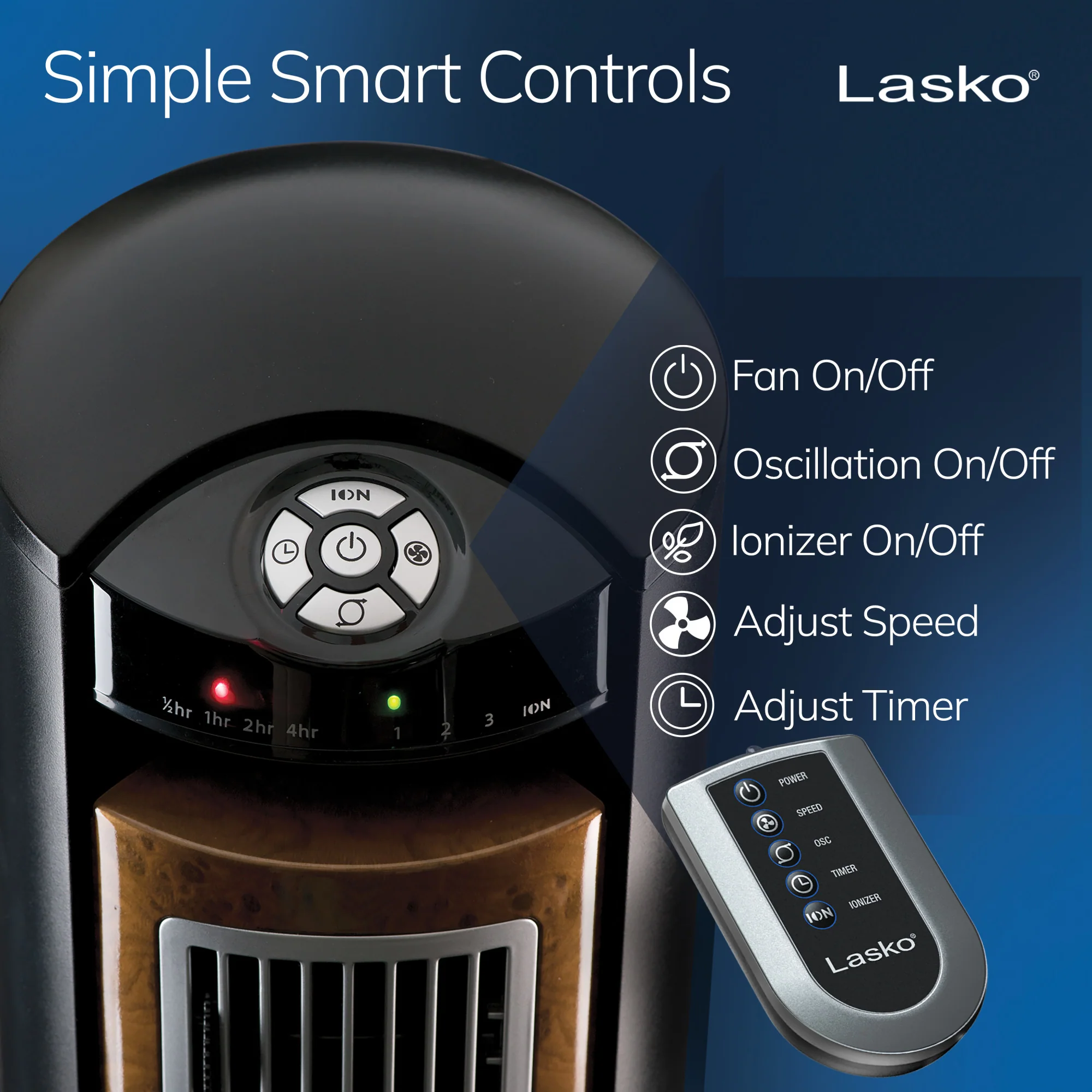 Lasko Wind Curve 42" Tower Fan: Oscillating, 3-Speed, Remote, Ionizer, Black - Image 3