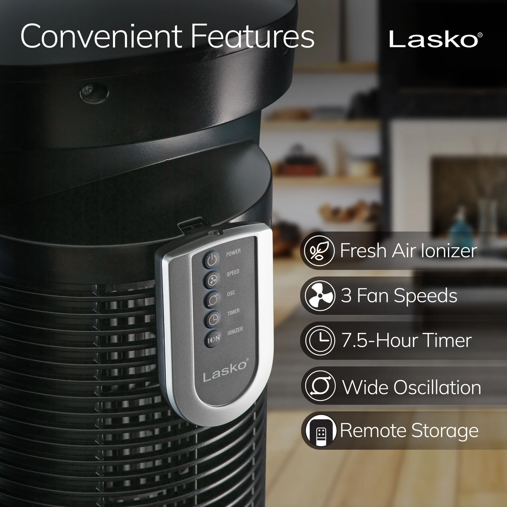 Lasko Wind Curve 42" Tower Fan: Oscillating, 3-Speed, Remote, Ionizer, Black - Image 4