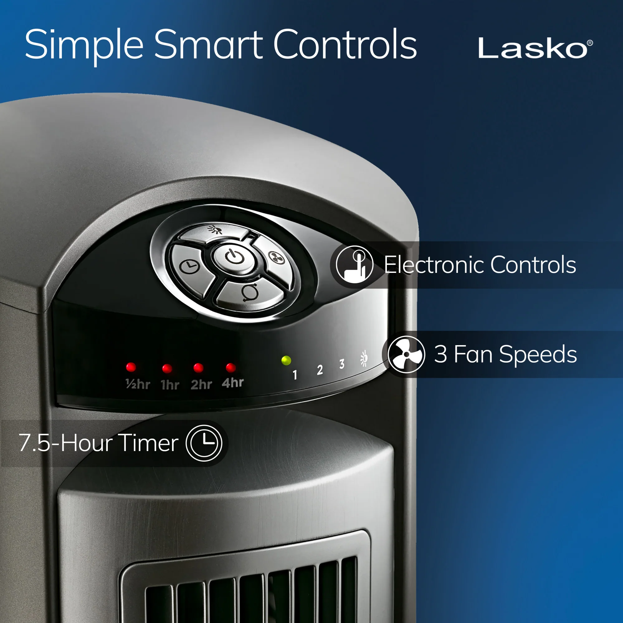 Lasko Wind Curve 42" Tower Fan: Oscillating, 3-Speed, Remote, Timer, Silver - Image 3