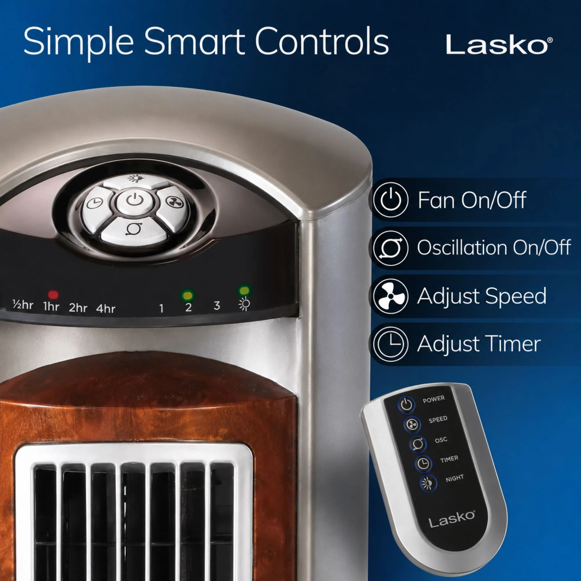 Lasko Wind Curve 42" Tower Fan: Oscillating, 3-Speed, Remote, Timer, Gray - Image 3