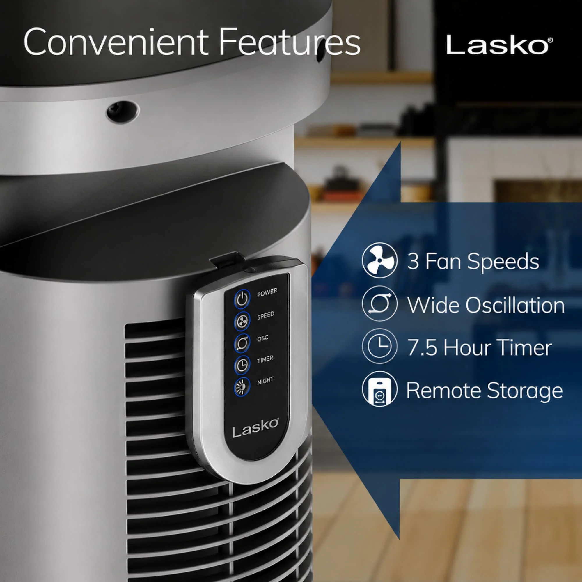 Lasko Wind Curve 42" Tower Fan: Oscillating, 3-Speed, Remote, Timer, Gray - Image 4
