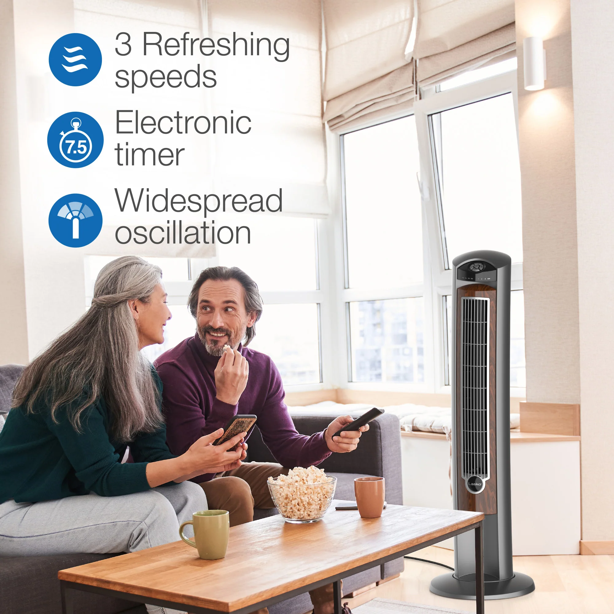Lasko Wind Curve 42" Tower Fan: Oscillating, 3-Speed, Remote, Ionizer, Brown - Image 4