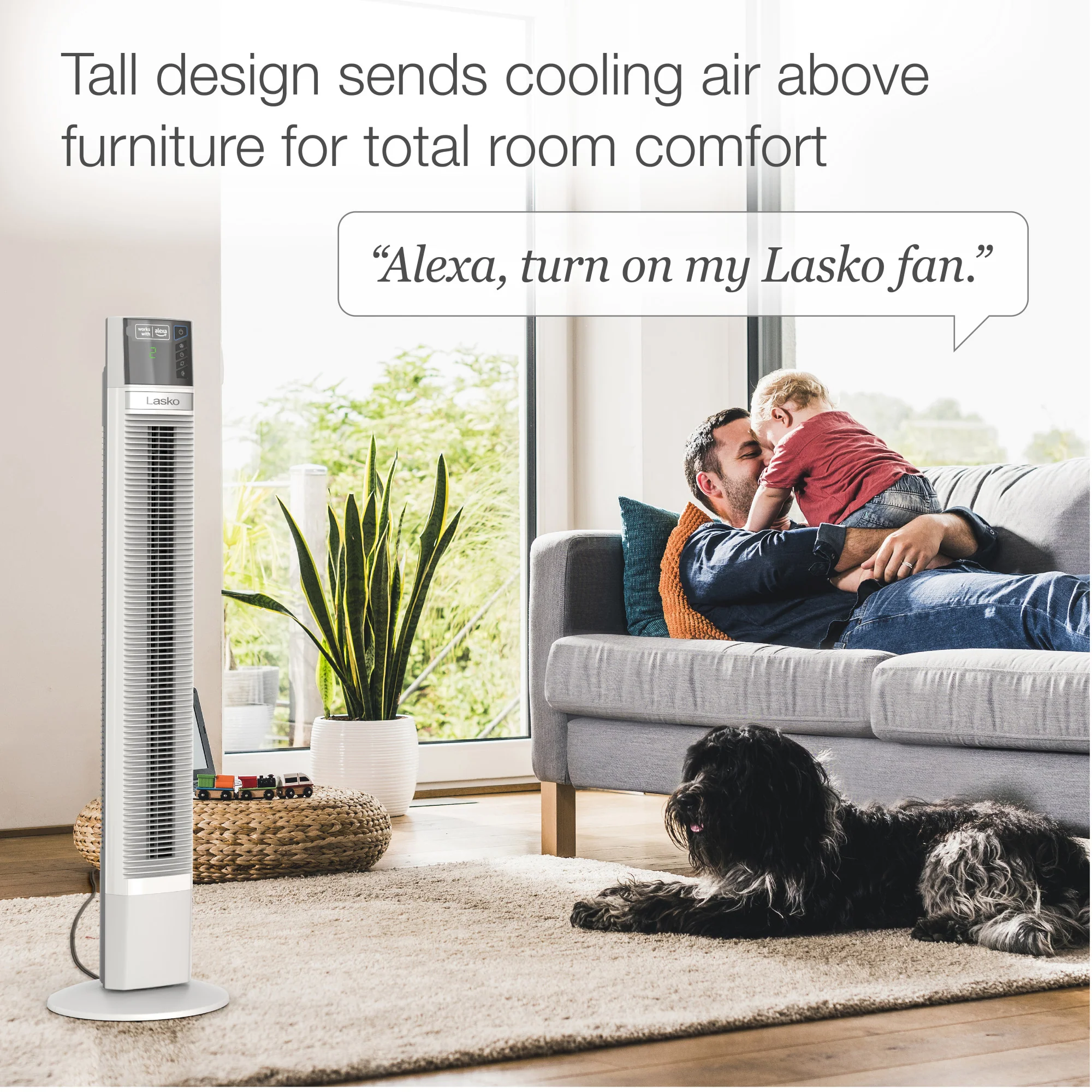Lasko 47" Smart Tower Fan: Oscillating, 4-Speed, Timer, Alexa Enabled, White - Image 3