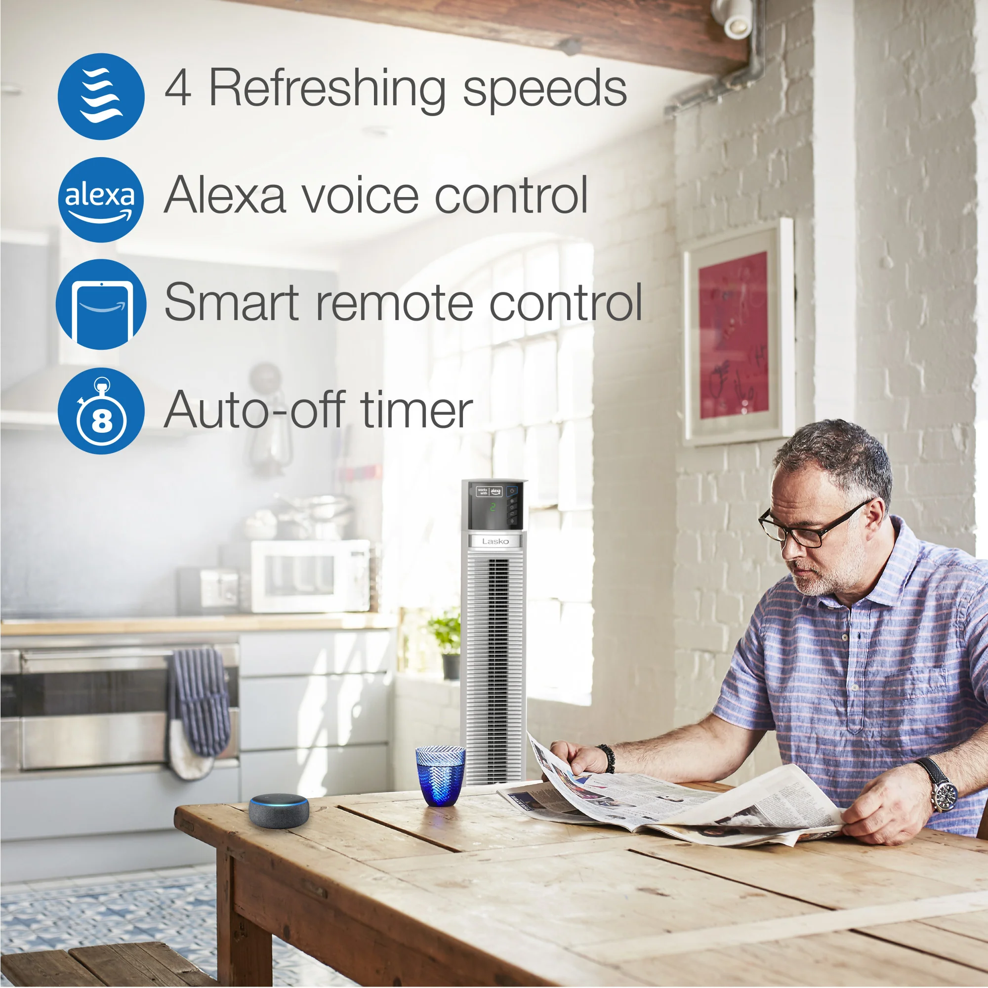 Lasko 47" Smart Tower Fan: Oscillating, 4-Speed, Timer, Alexa Enabled, White - Image 4