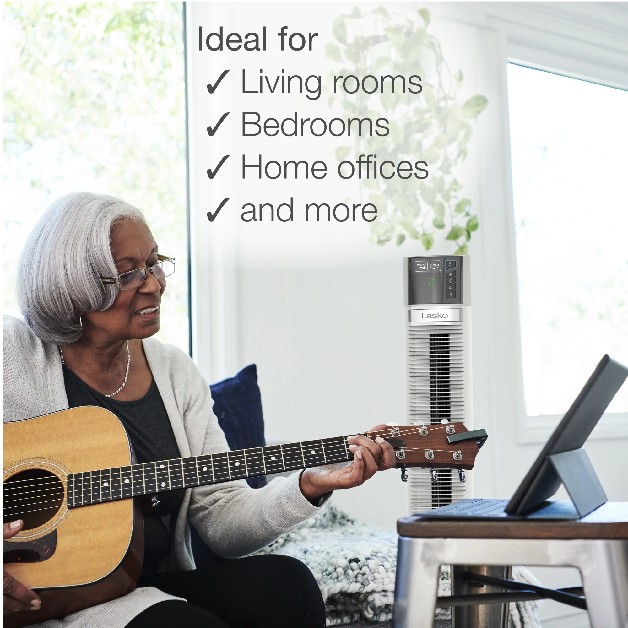 Lasko 47" Smart Tower Fan: Oscillating, 4-Speed, Timer, Alexa Enabled, White - Image 5