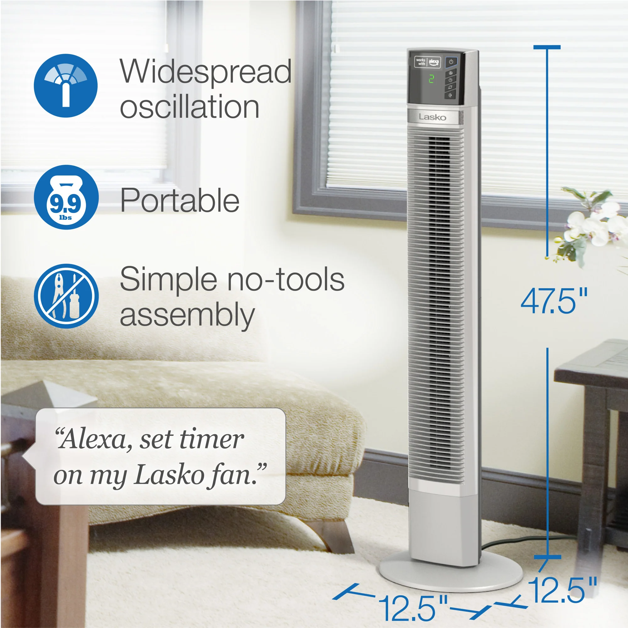 Lasko 47" Smart Tower Fan: Oscillating, 4-Speed, Timer, Alexa Enabled, White - Image 6