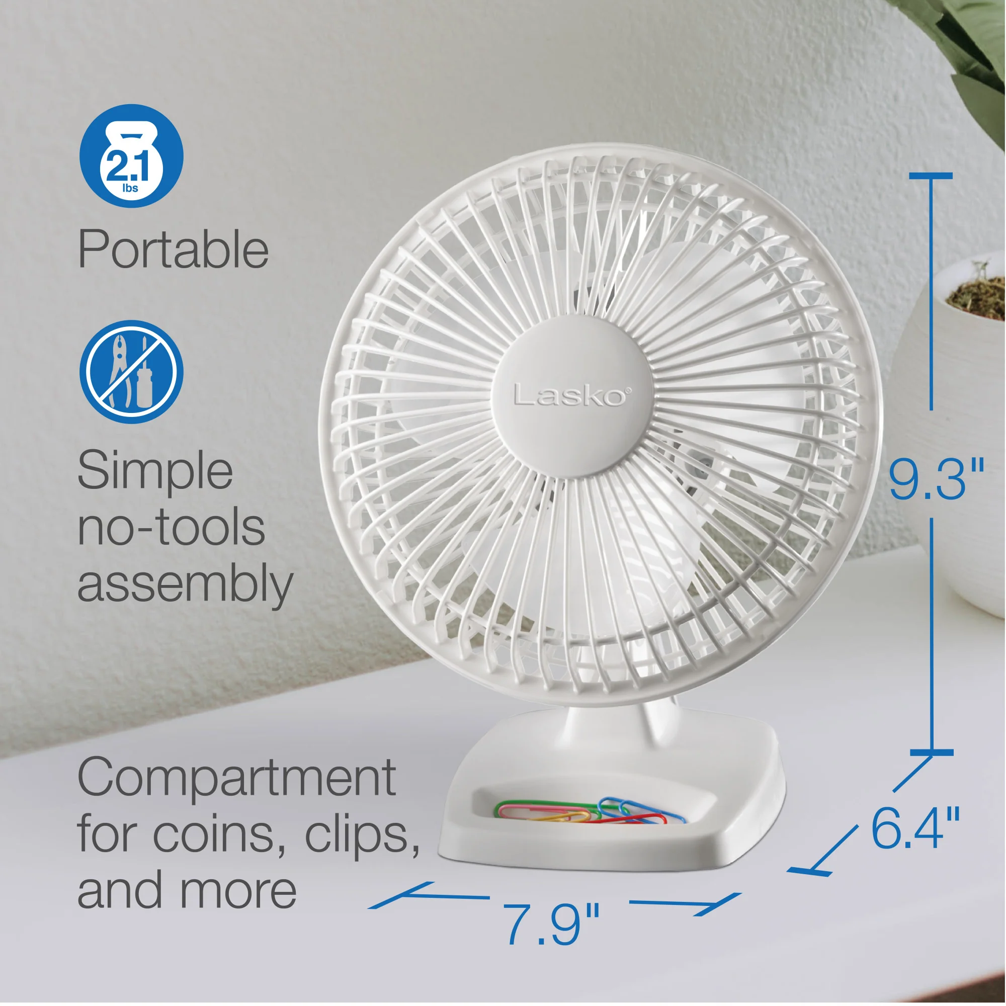 Lasko 6" Personal Table Fan: 2-Speed, Tilting Head, Storage Tray, White - Image 6