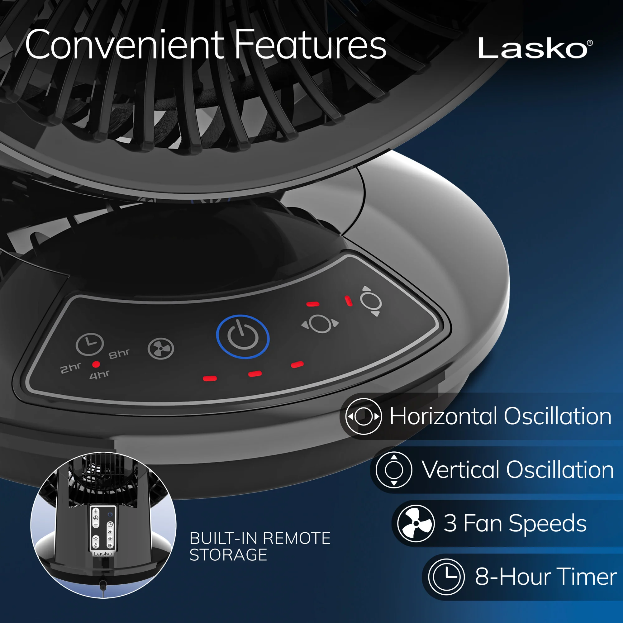 Lasko Whirlwind 7" Table Fan: Dual Oscillation, 3-Speed, Remote, Black - Image 4