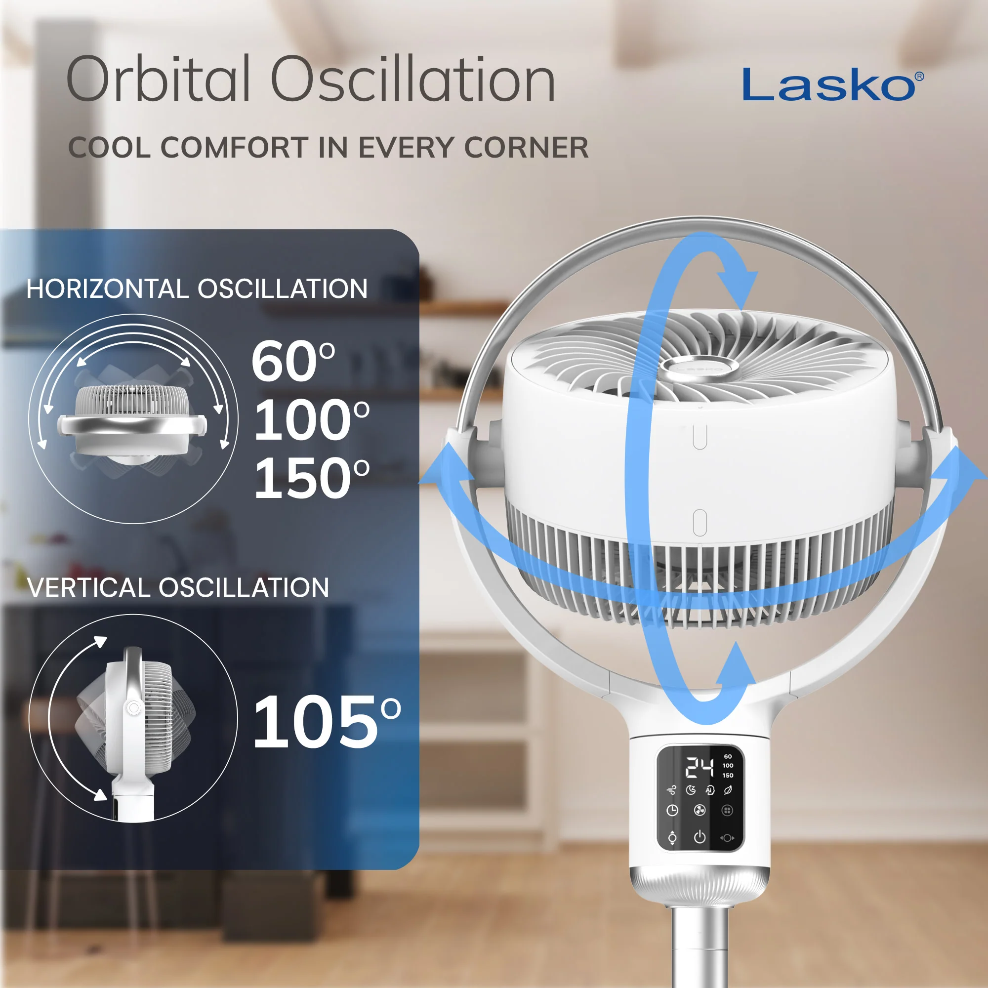 Lasko Whirlwind 7" DC Pedestal Fan: Dual Oscillation, 24-Speed, Remote, Timer, White - Image 3