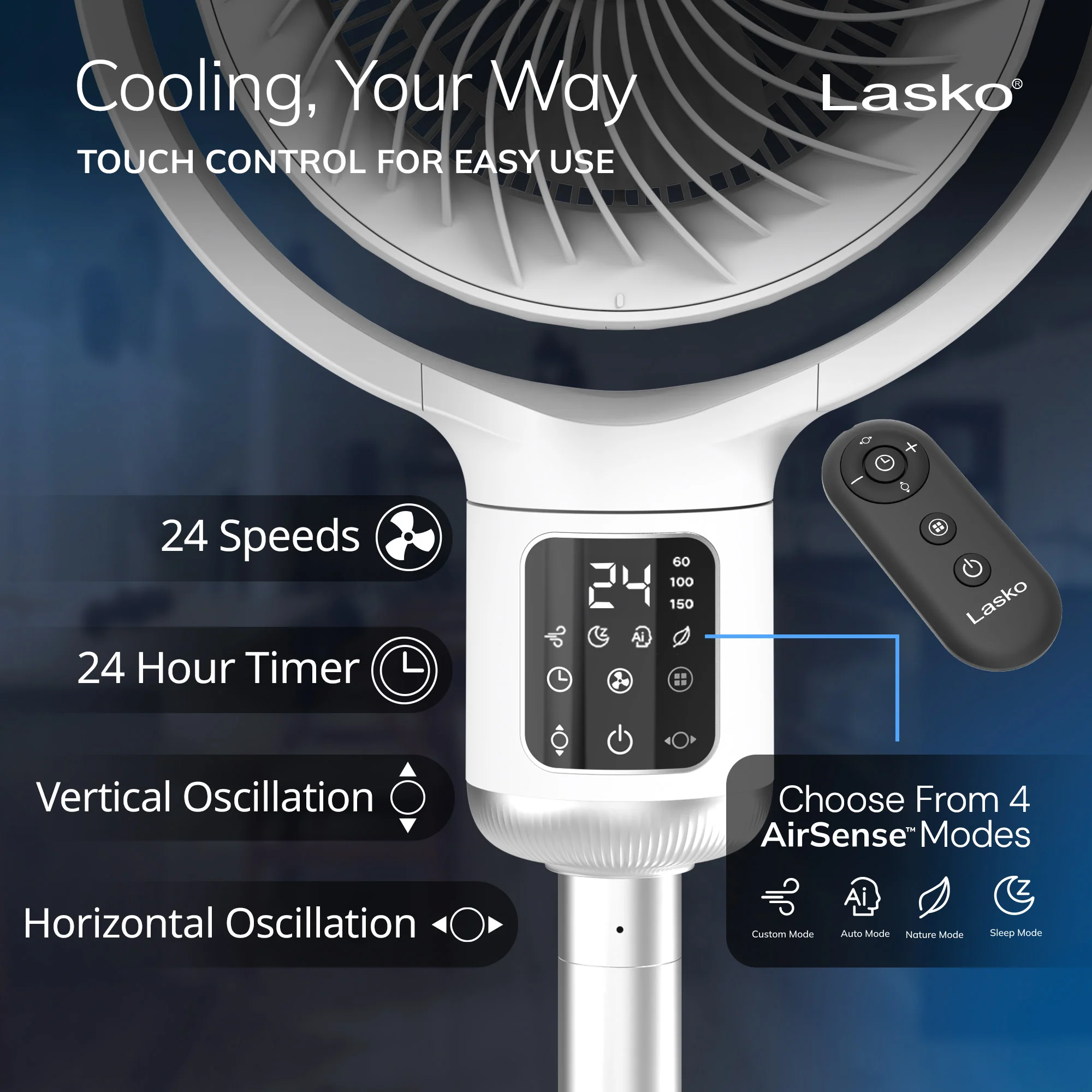 Lasko Whirlwind 7" DC Pedestal Fan: Dual Oscillation, 24-Speed, Remote, Timer, White - Image 9