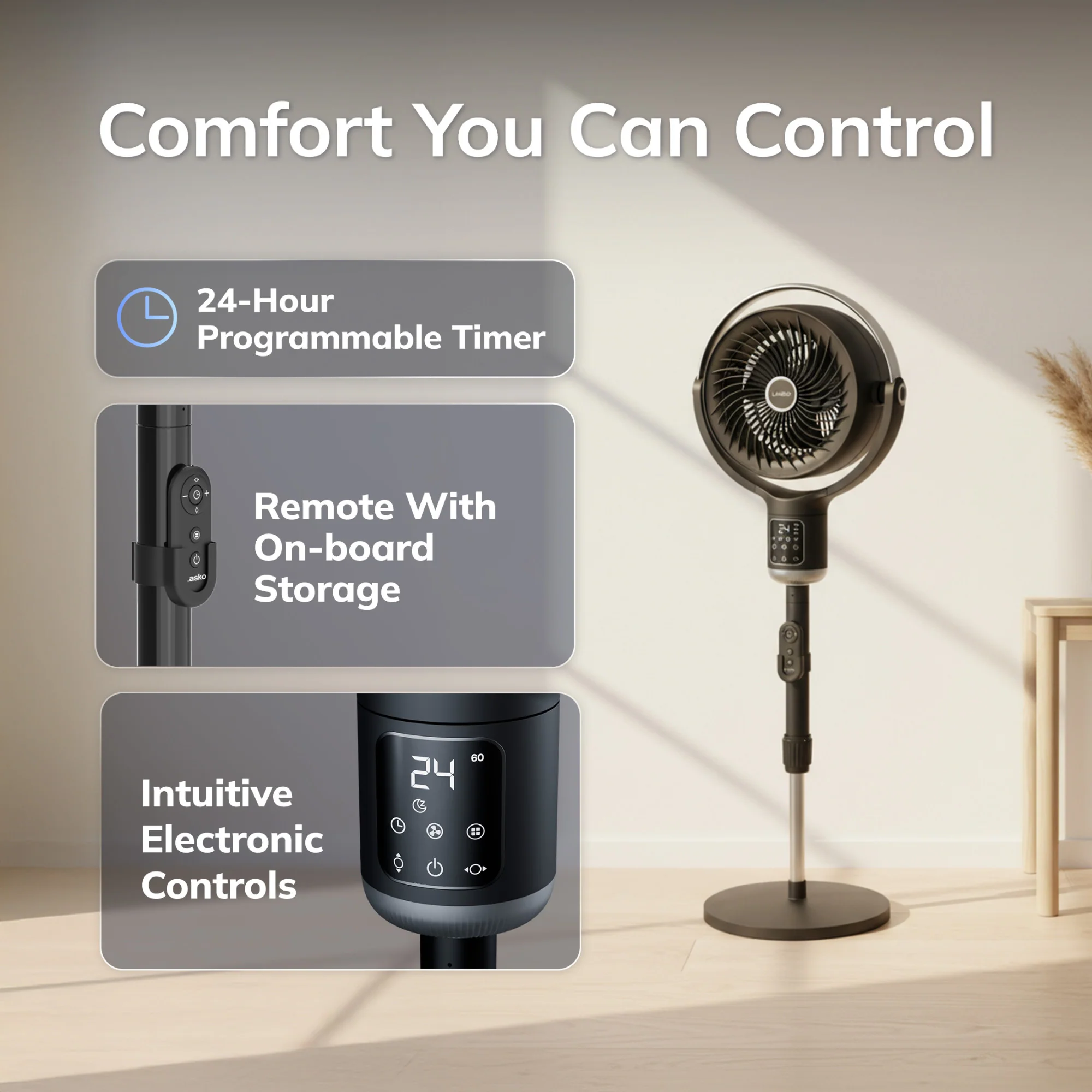 Lasko Whirlwind 7" DC Pedestal Fan: Dual Oscillation, 24-Speed, Remote, Timer, Black - Image 5