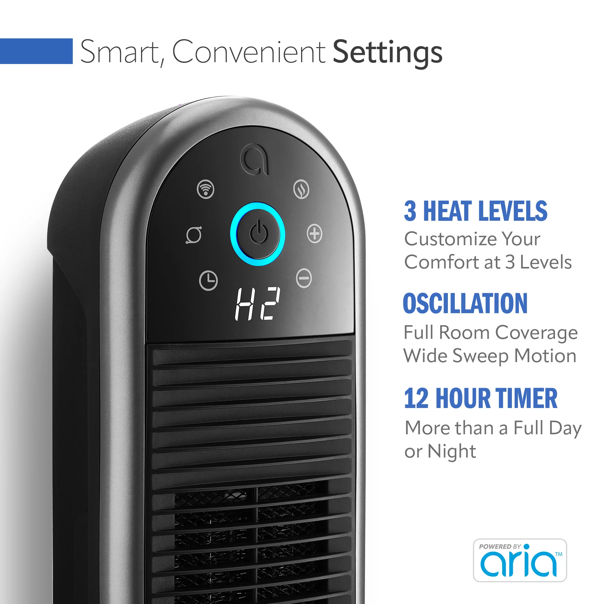Lasko Aria™ 22" Ceramic Tower Heater (3 heat settings, remote, timer, smart, black) - Image 3