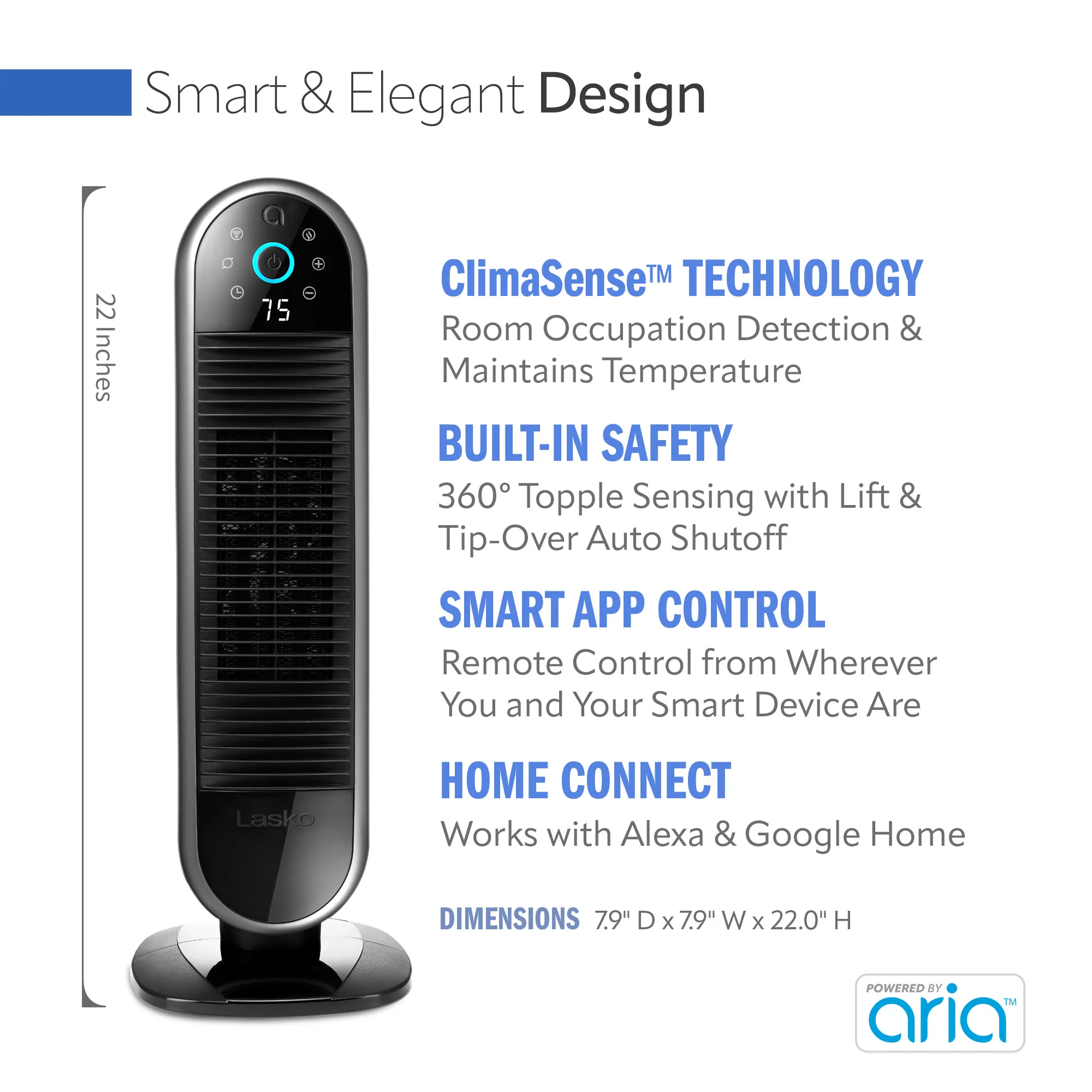 Lasko Aria™ 22" Ceramic Tower Heater (3 heat settings, remote, timer, smart, black) - Image 4