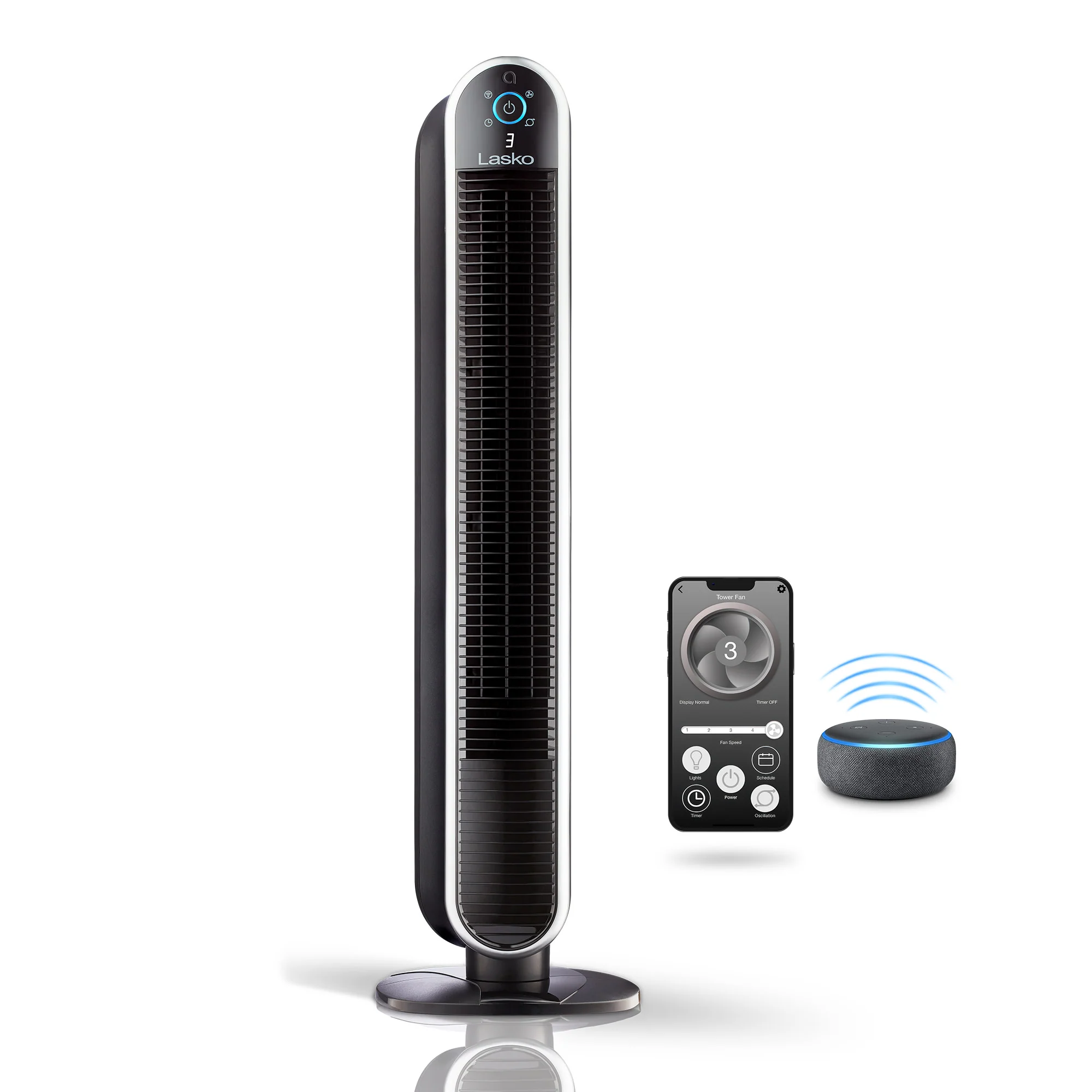 Lasko 40" Smart Tower Fan: Oscillating, 5-Speed, Timer, Wi-Fi, Black