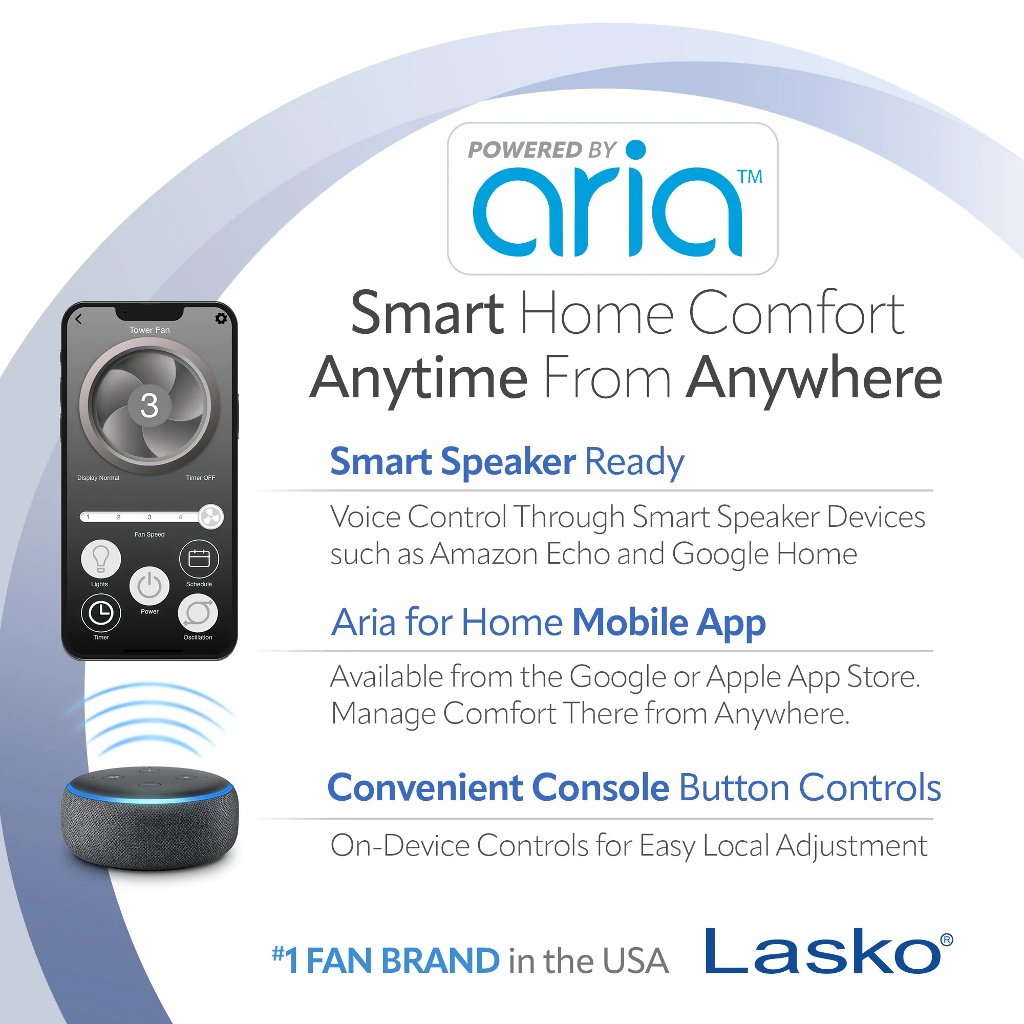 Lasko 40" Smart Tower Fan: Oscillating, 5-Speed, Timer, Wi-Fi, Black - Image 3
