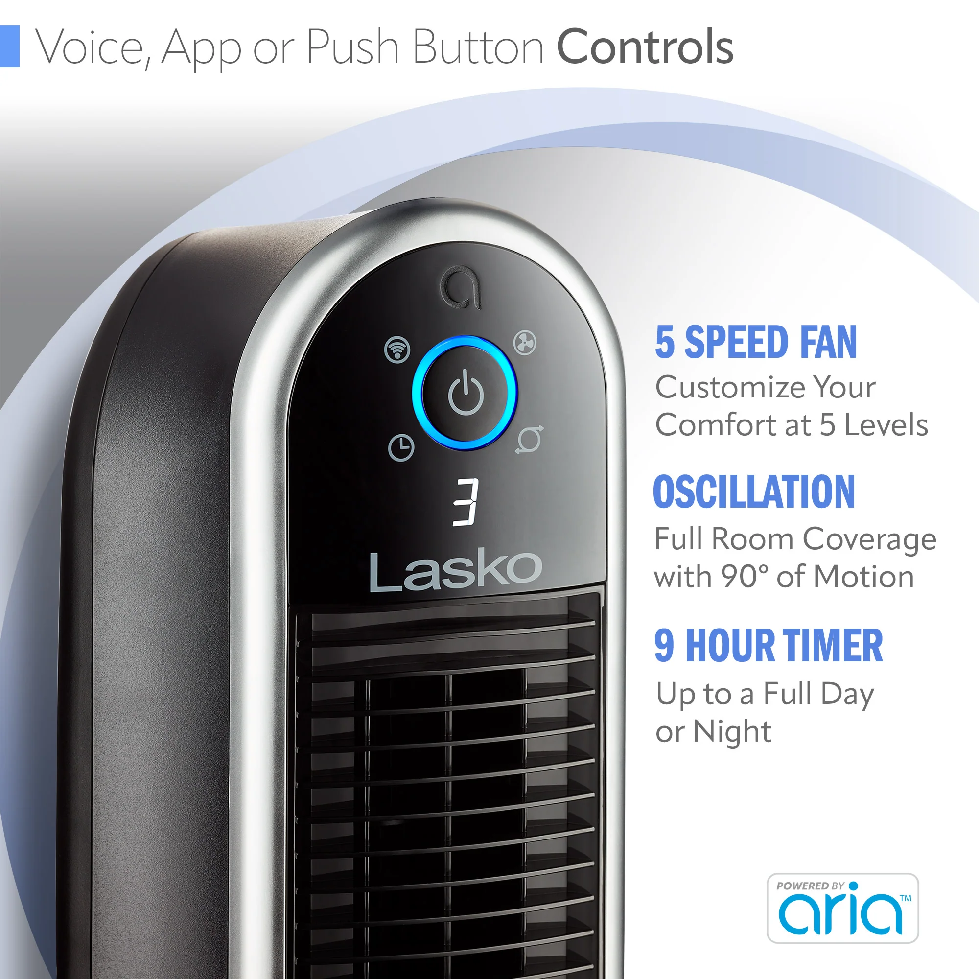 Lasko 40" Smart Tower Fan: Oscillating, 5-Speed, Timer, Wi-Fi, Black - Image 4