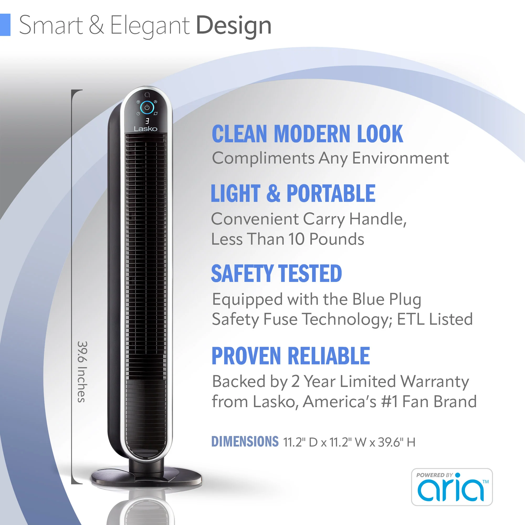 Lasko 40" Smart Tower Fan: Oscillating, 5-Speed, Timer, Wi-Fi, Black - Image 5