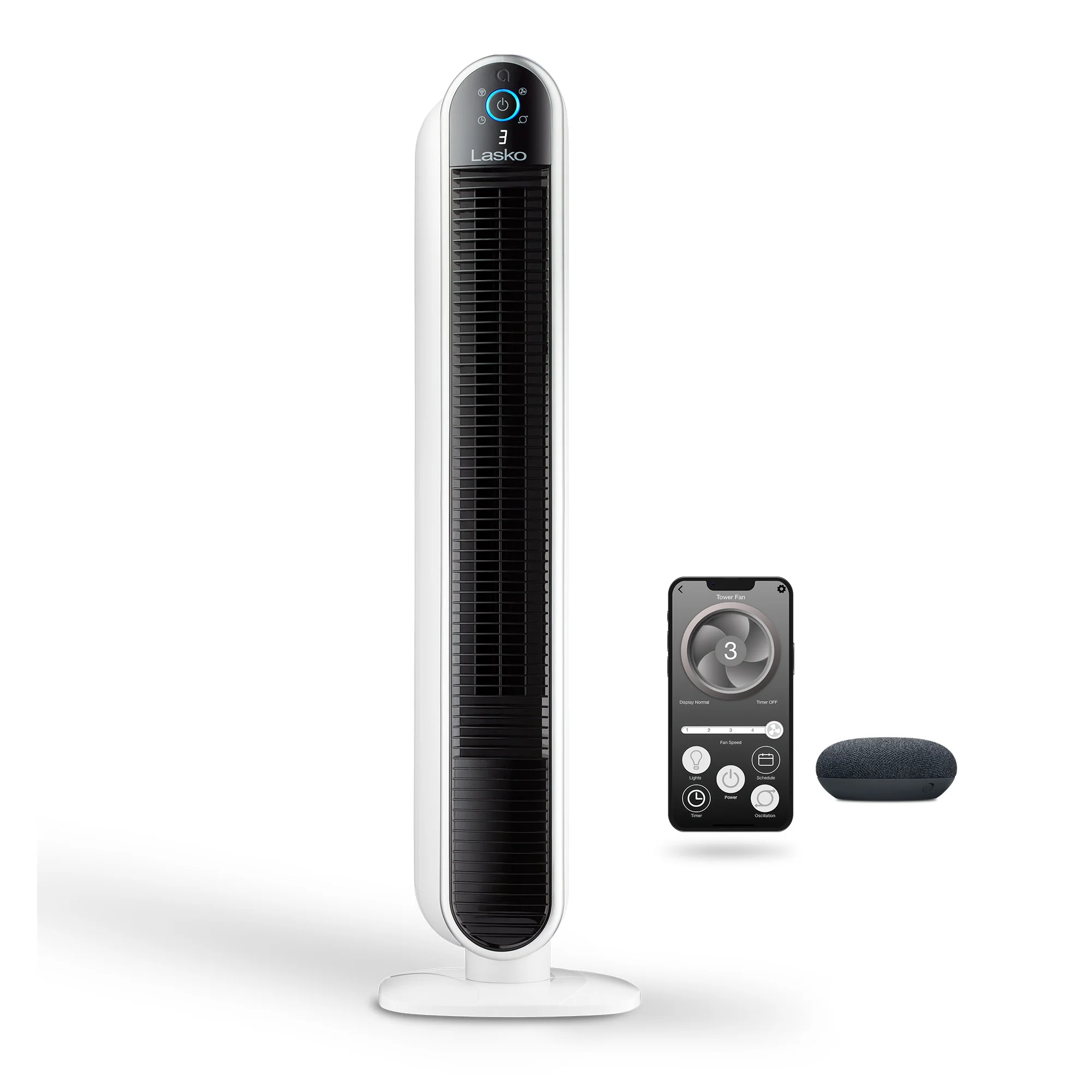 Lasko 40" Smart Tower Fan: Oscillating, 5-Speed, Timer, Wi-Fi, White