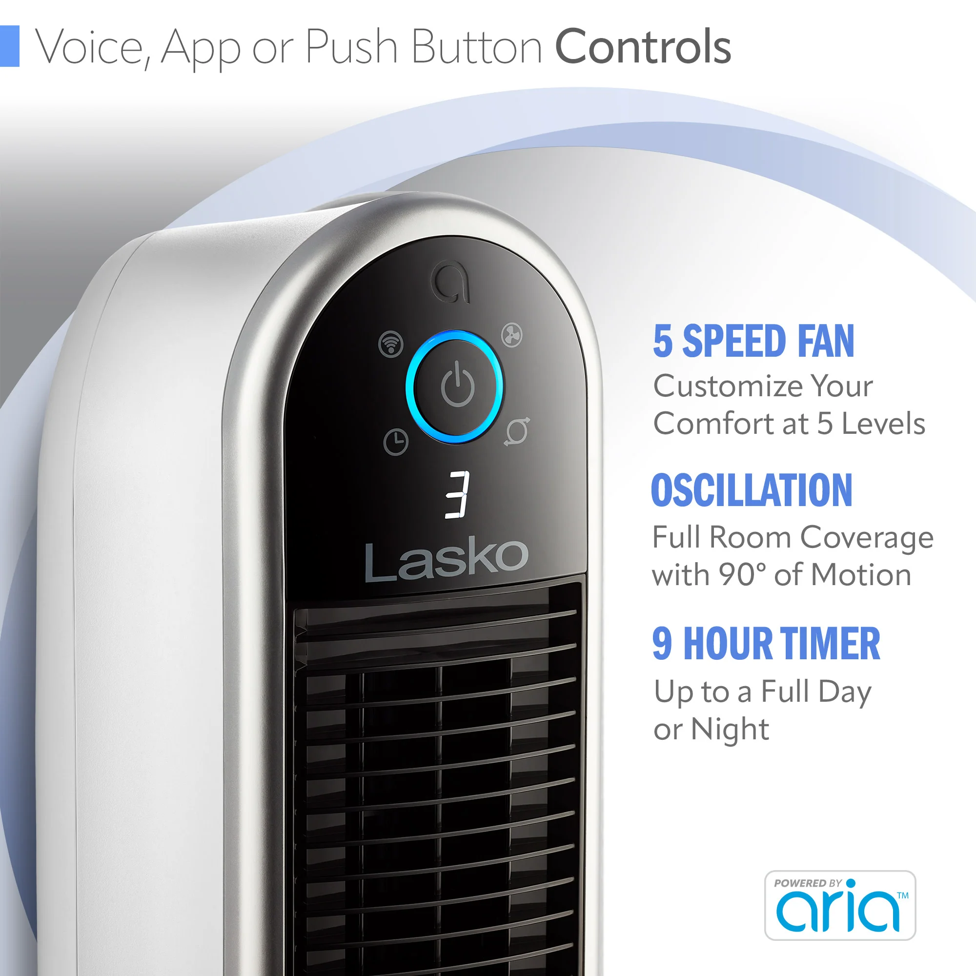 Lasko 40" Smart Tower Fan: Oscillating, 5-Speed, Timer, Wi-Fi, White - Image 4