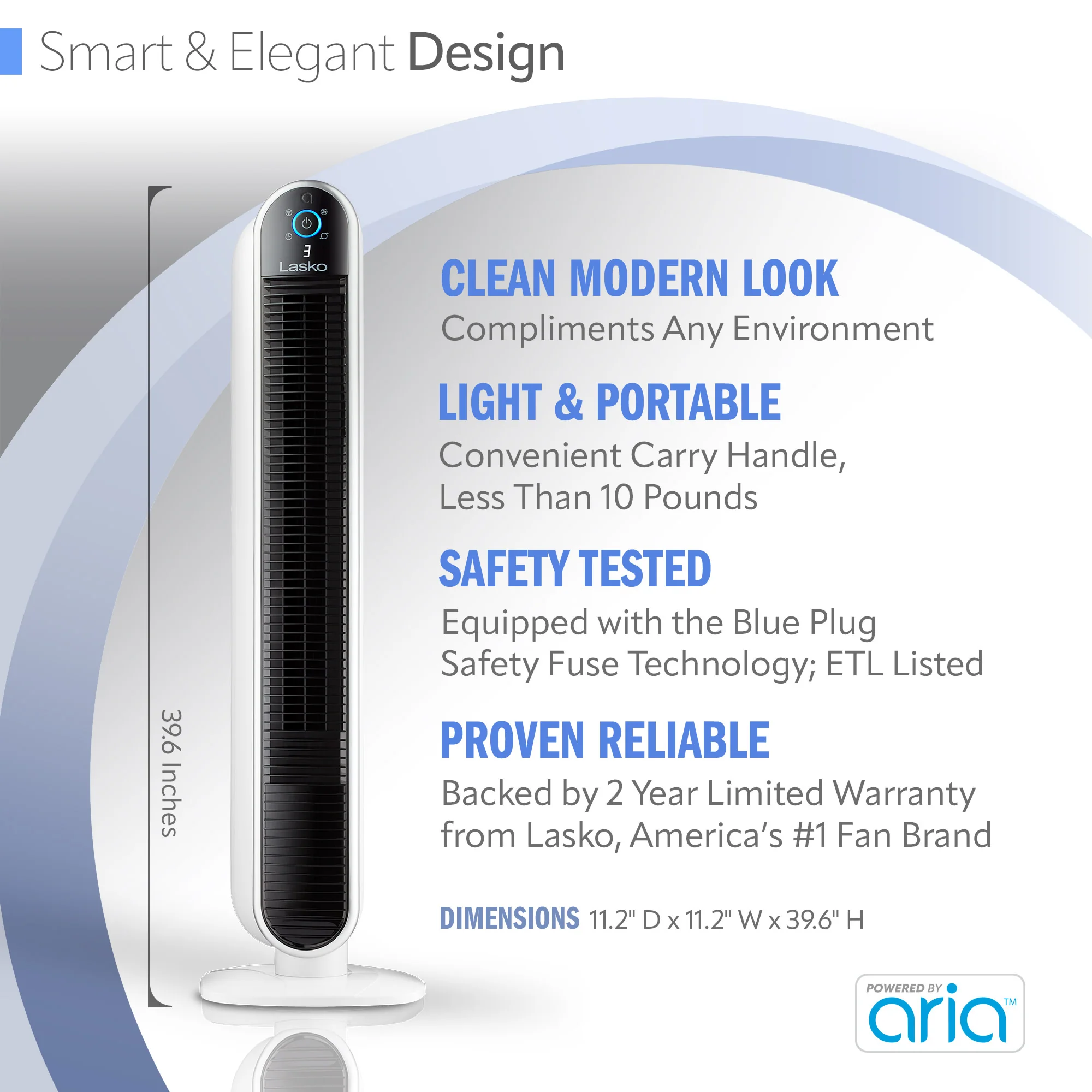Lasko 40" Smart Tower Fan: Oscillating, 5-Speed, Timer, Wi-Fi, White - Image 5