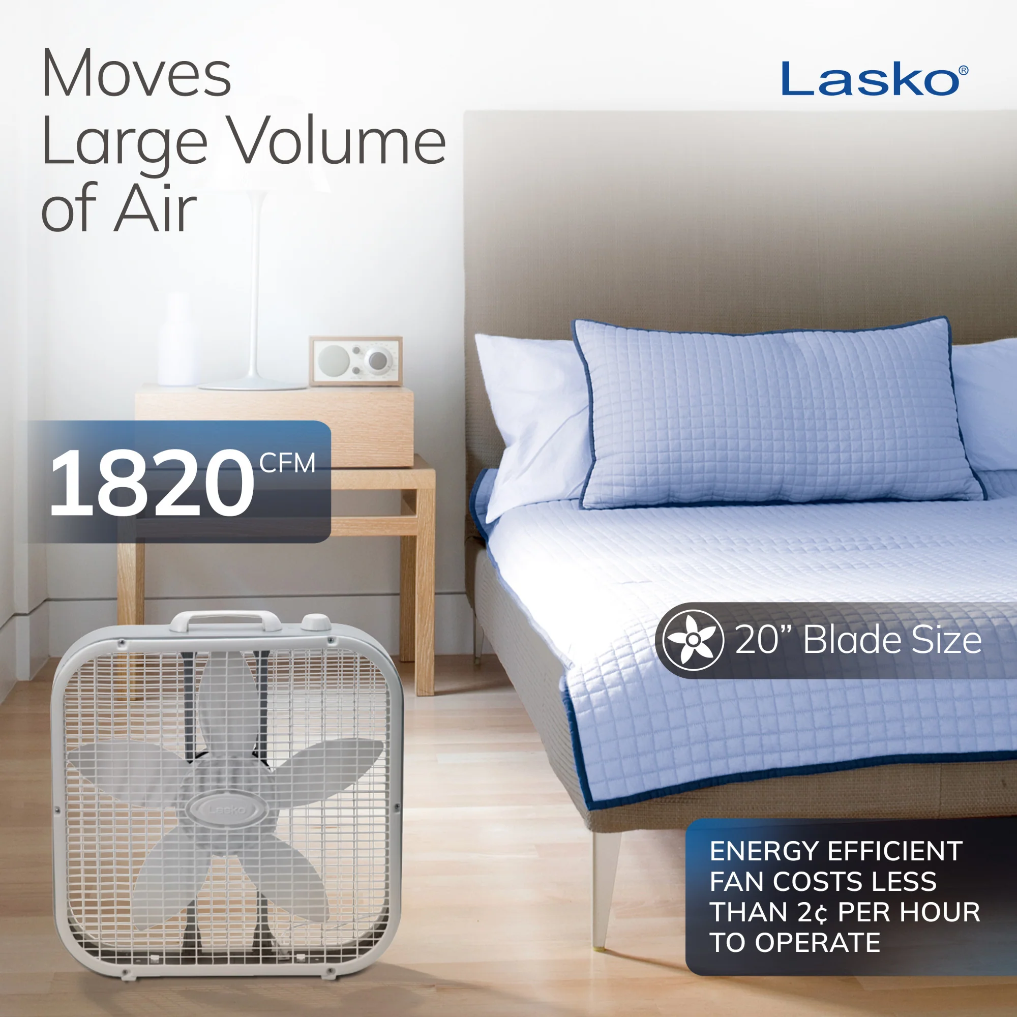 Lasko 20" Box Fan: 3-Speed, Weather-Resistant Motor, Gray - Image 3