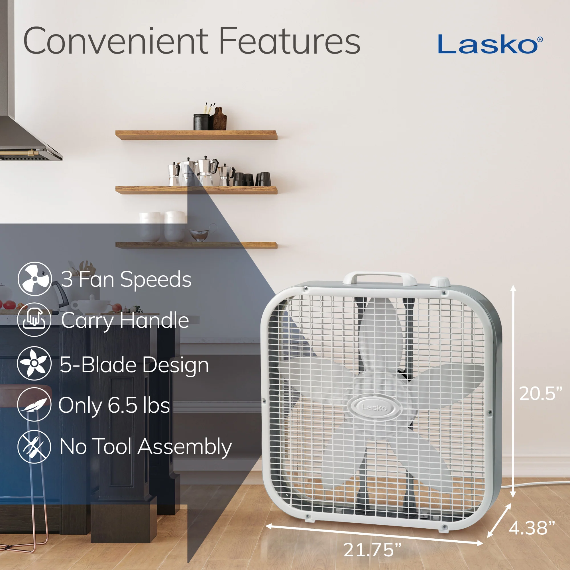 Lasko 20" Box Fan: 3-Speed, Weather-Resistant Motor, Gray - Image 5