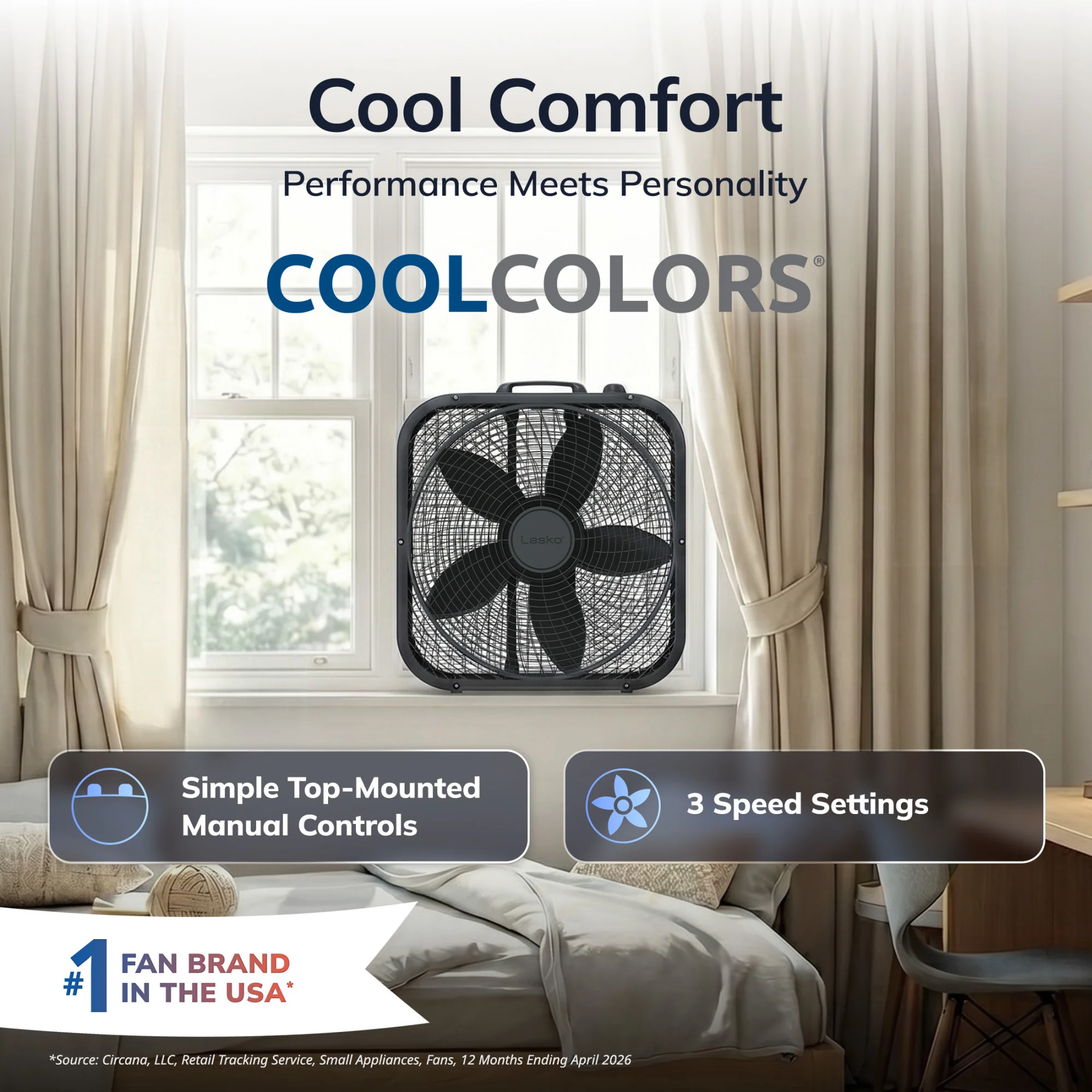 Lasko Cool Colors 20" Box Fan: 3-Speed, Weather-Resistant Motor, Black - Image 3