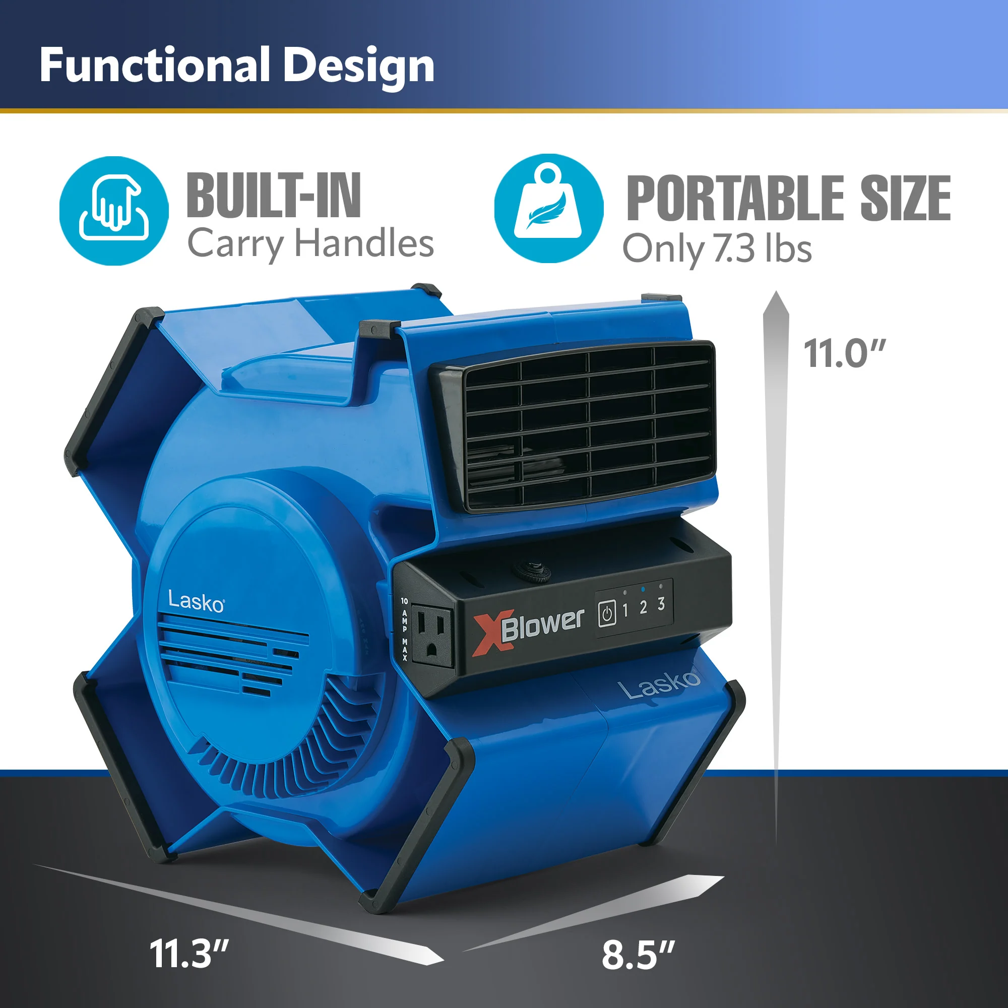 Lasko X-Blower 11" Air Mover Blower Fan: 3-Speed, High Velocity, 1 Outlet, Blue - Image 4