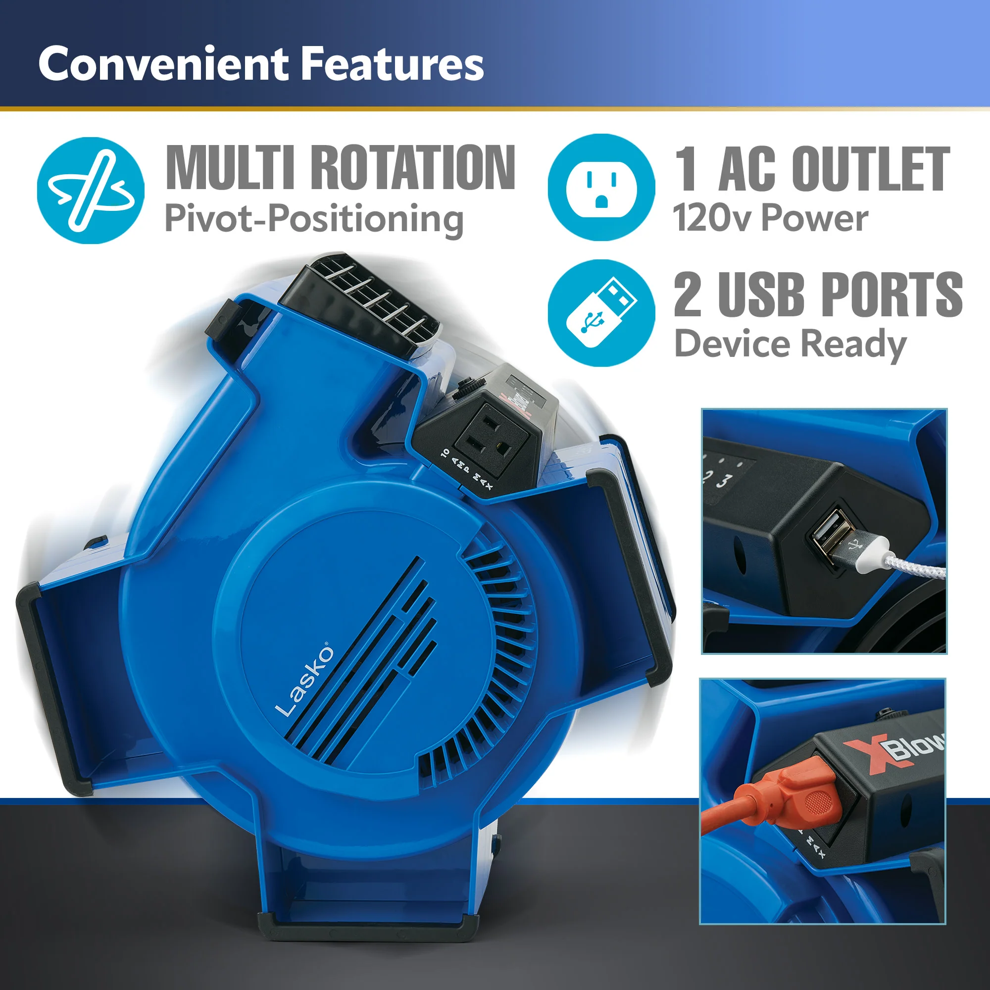 Lasko X-Blower 11" Air Mover Blower Fan: 3-Speed, High Velocity, 1 Outlet, Blue - Image 5