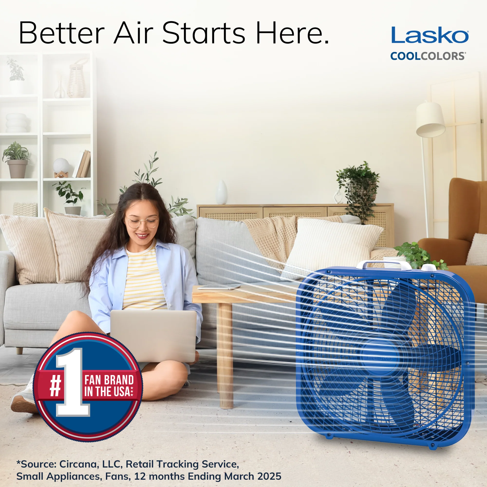 Lasko Cool Colors 20" Box Fan: 3-Speed, Weather-Resistant Motor, Blue - Image 2