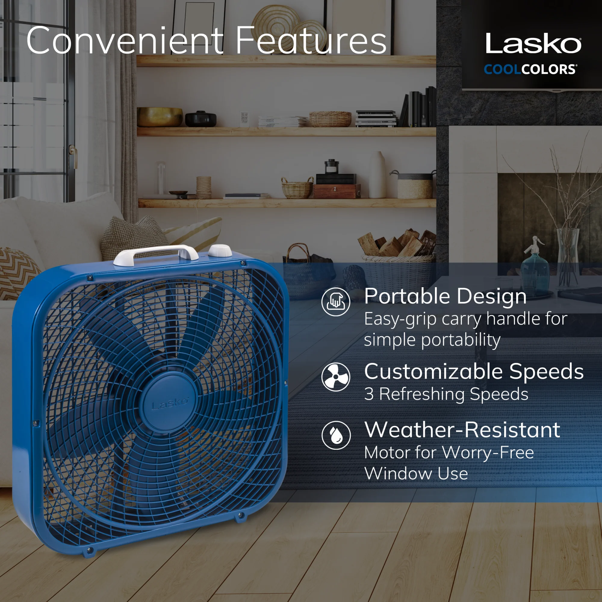 Lasko Cool Colors 20" Box Fan: 3-Speed, Weather-Resistant Motor, Blue - Image 3
