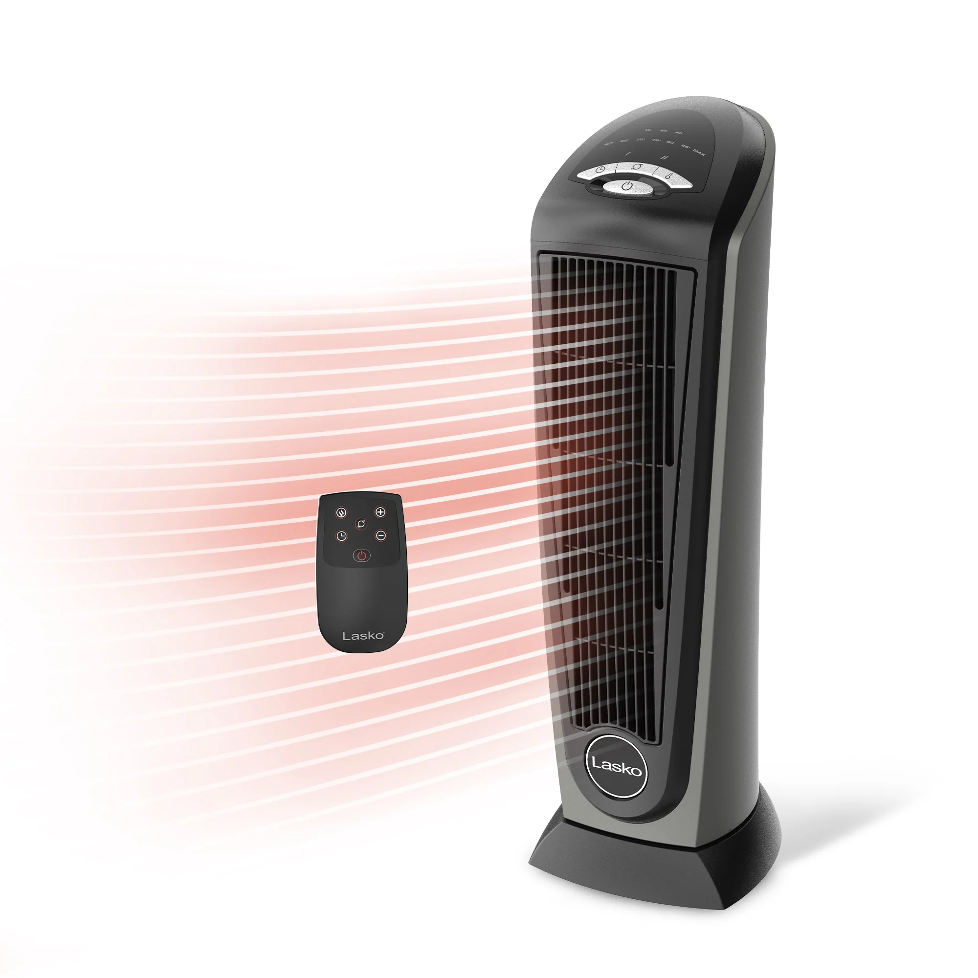 Lasko 23" Ceramic Tower Space Heater, Oscillating, 2-Speed, Remote, Silver