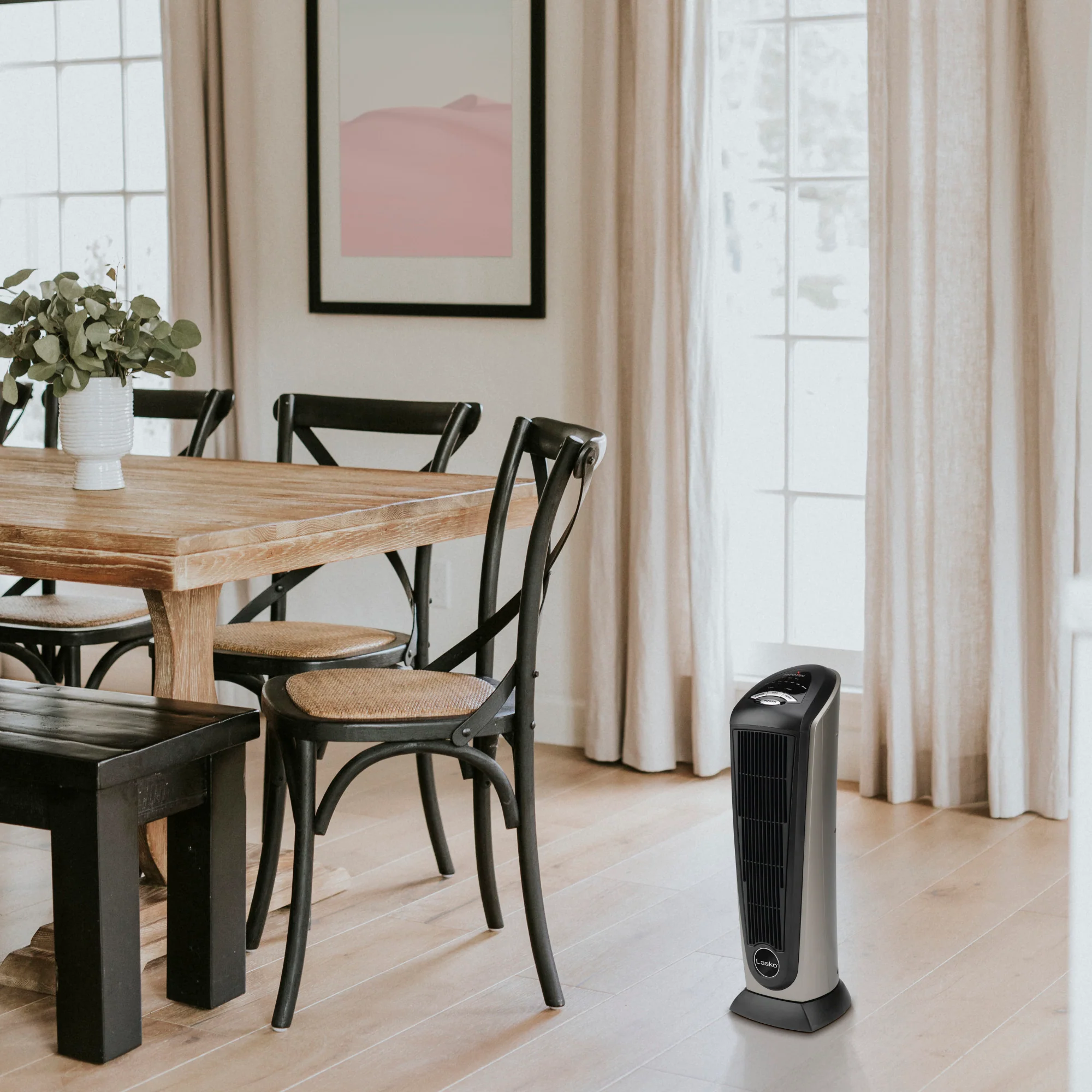 Lasko 23" Ceramic Tower Space Heater, Oscillating, 2-Speed, Remote, Silver - Image 12