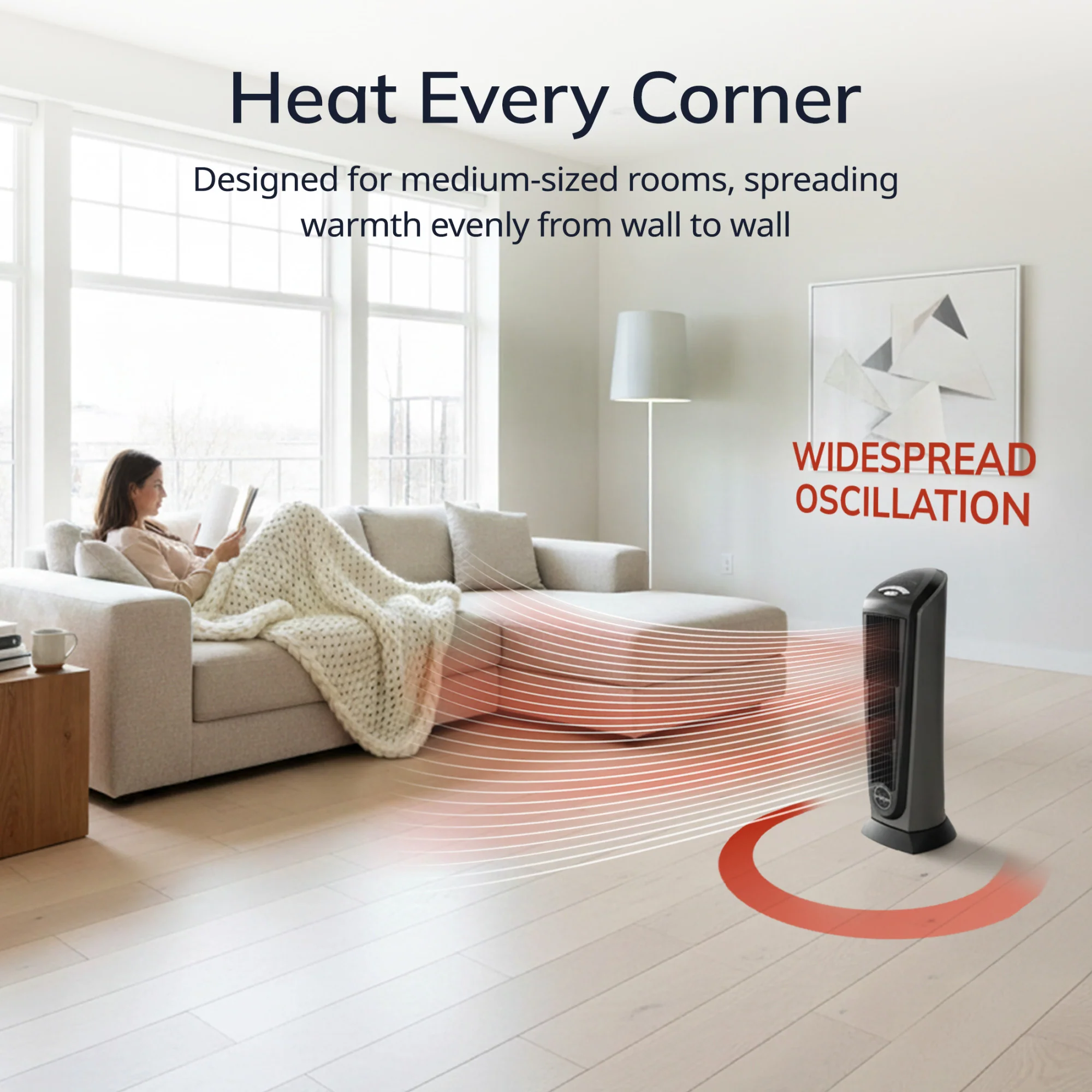 Lasko 23" Ceramic Tower Space Heater, Oscillating, 2-Speed, Remote, Silver - Image 3