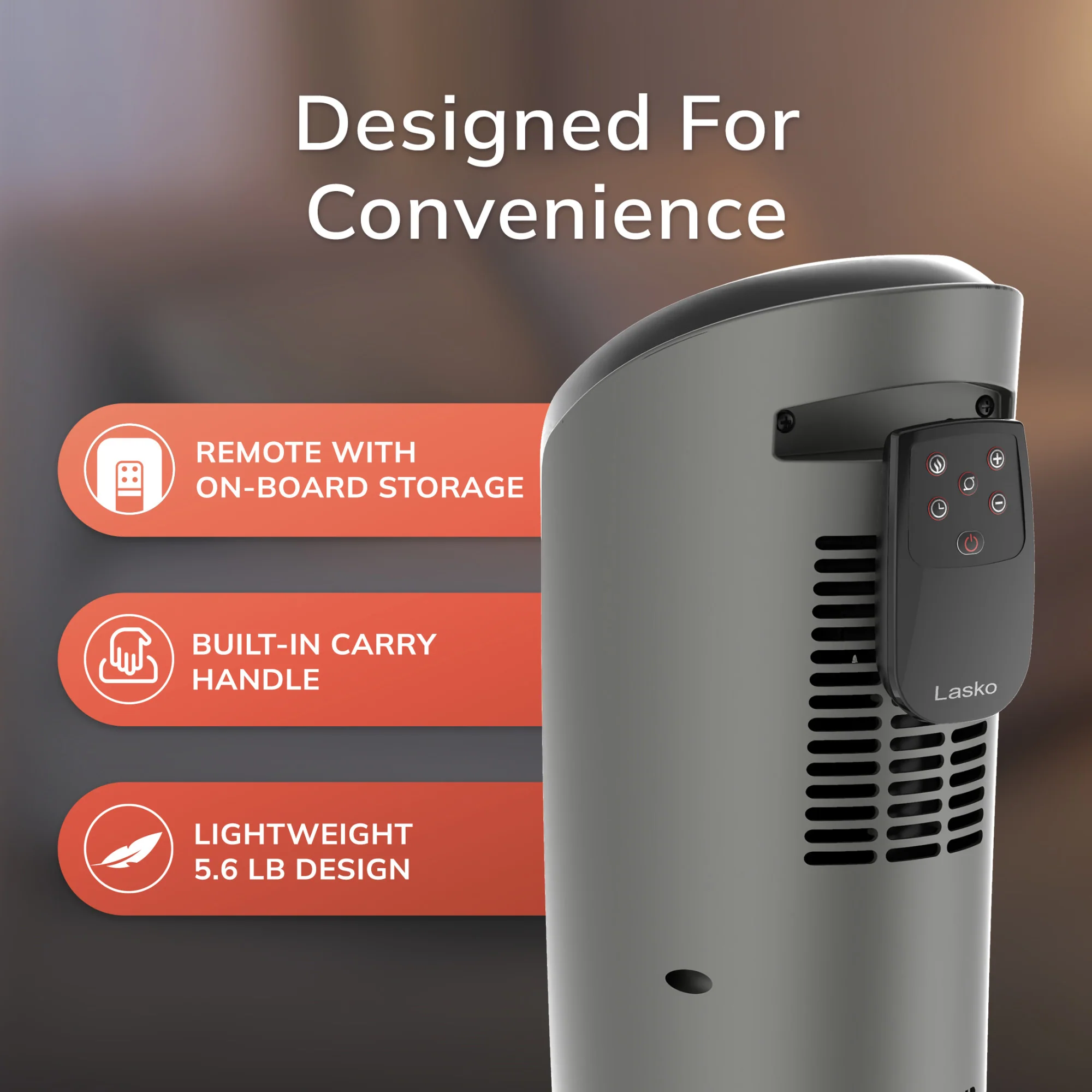 Lasko 23" Ceramic Tower Space Heater, Oscillating, 2-Speed, Remote, Silver - Image 6
