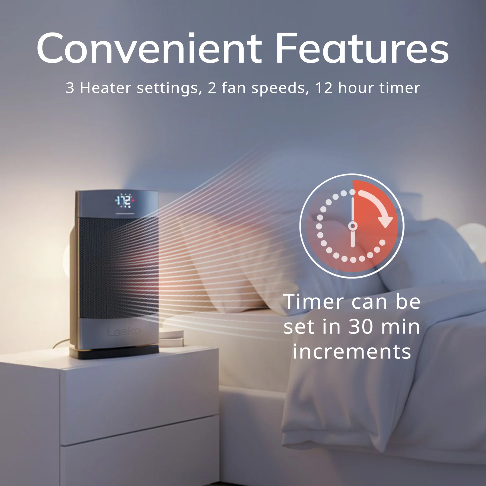 Lasko Ellipse 12" Table Top Heater (remote, timer, thermostat, tip-over switch, child lock, silver) - Image 6