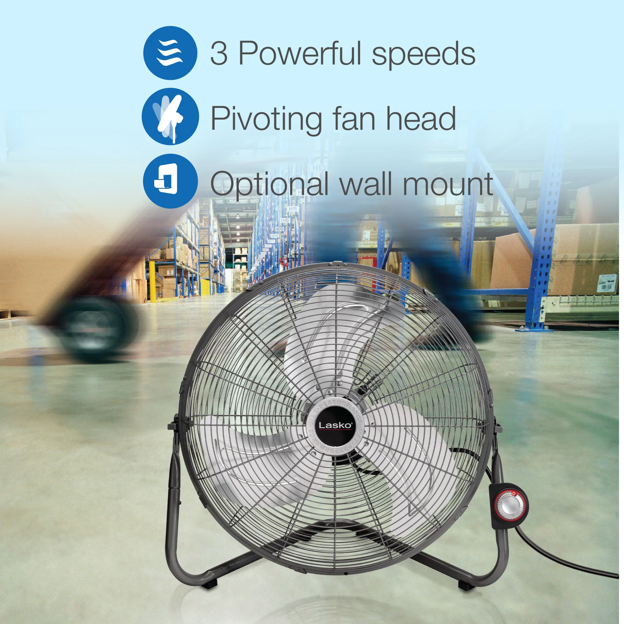 Lasko 20" High Velocity Floor Fan: Wall Mount, 3-Speed, Pivoting, Silver - Image 4