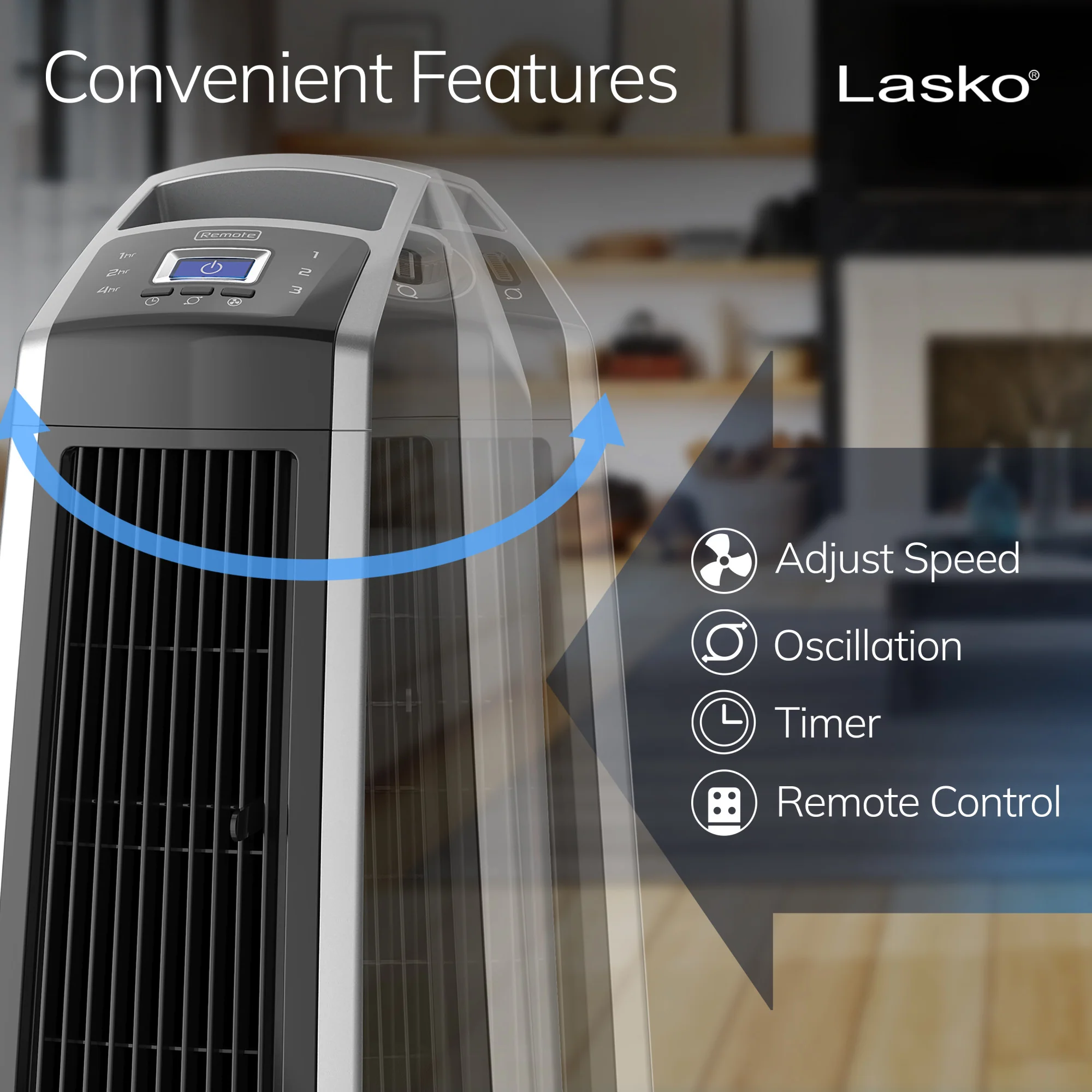 Lasko 35" Tower Fan: Oscillating, 3-Speed, High Velocity, Remote, Black - Image 4