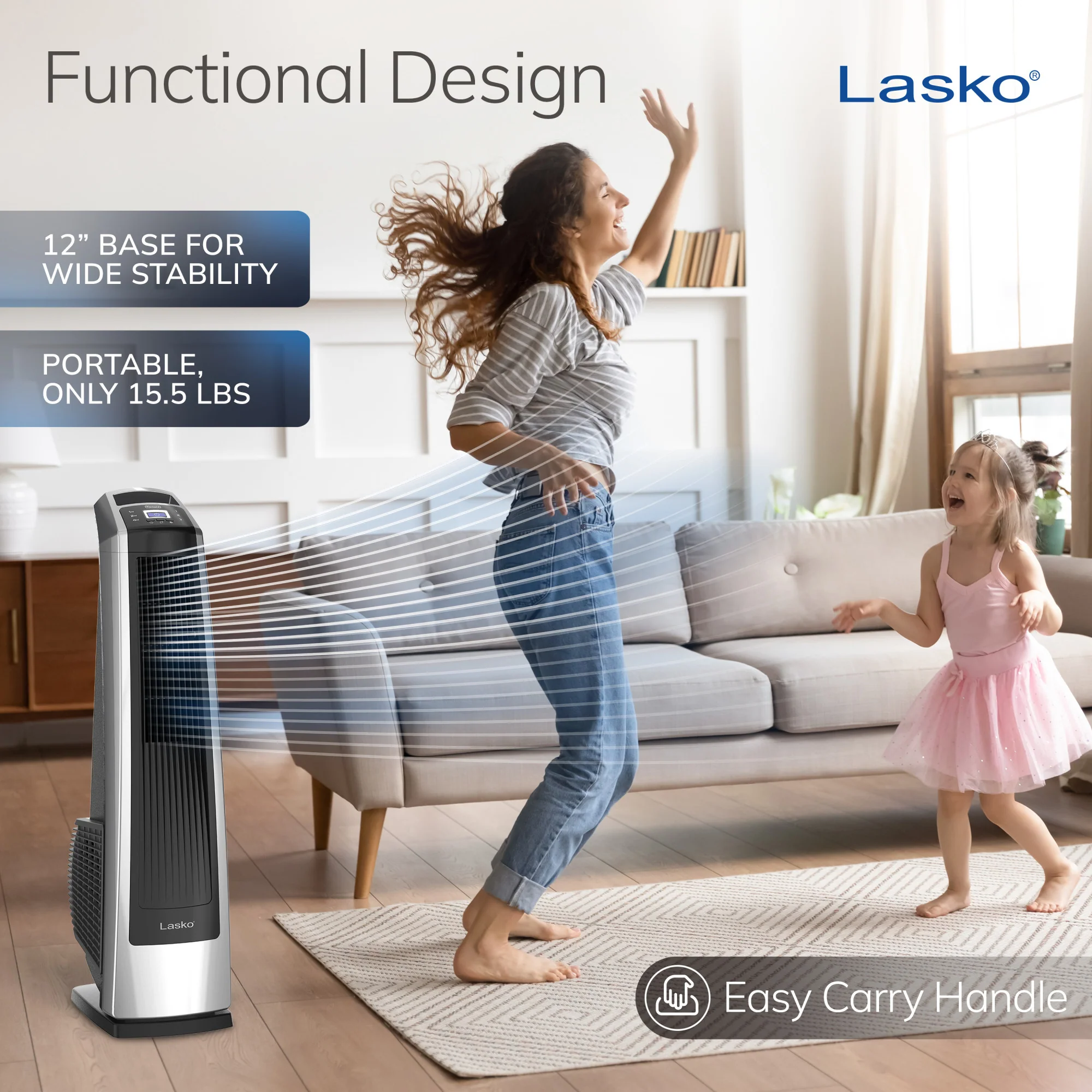 Lasko 35" Tower Fan: Oscillating, 3-Speed, High Velocity, Remote, Black - Image 5
