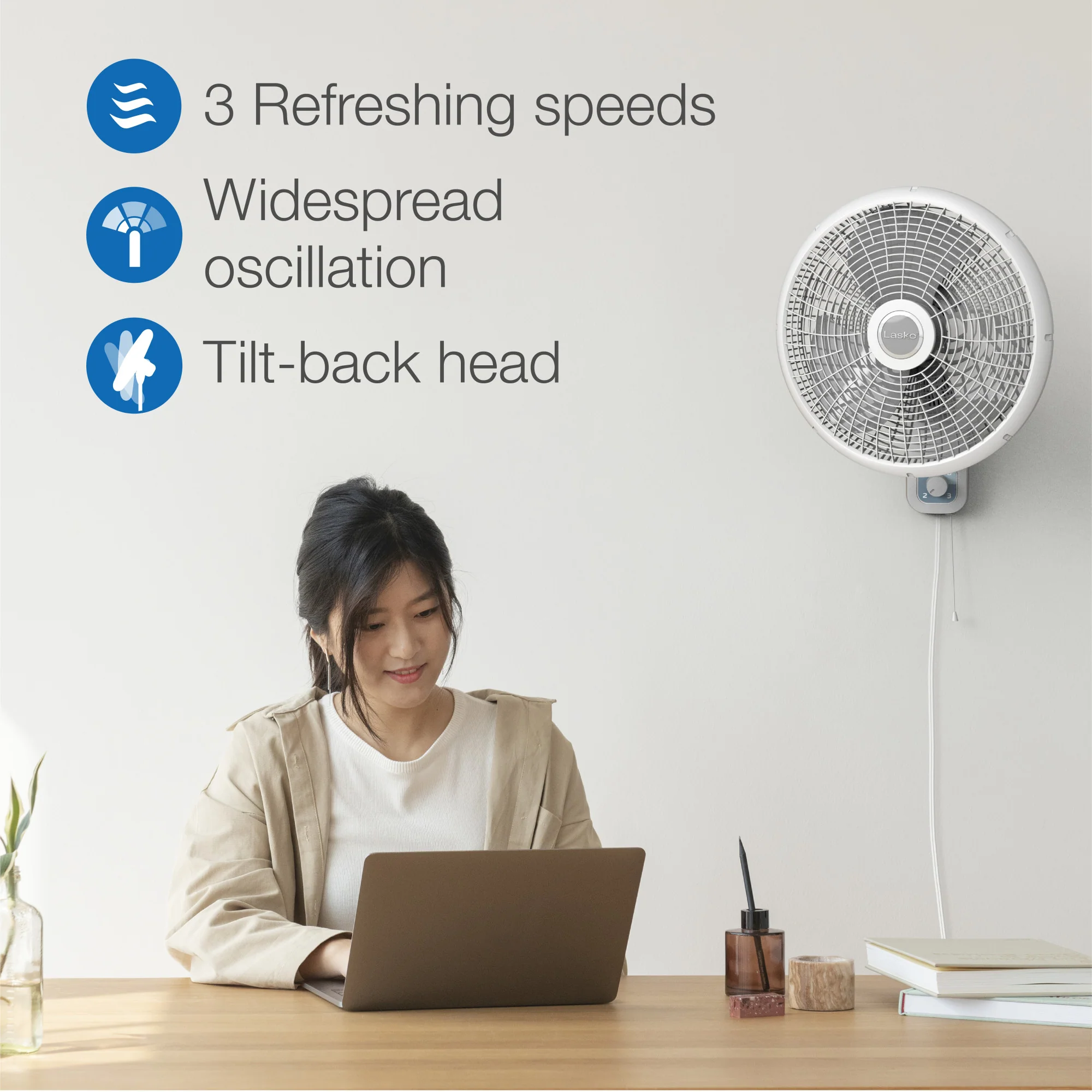 Lasko 16" Wall Mount Fan: Oscillating, 3-Speed, Tilting Head, White - Image 4