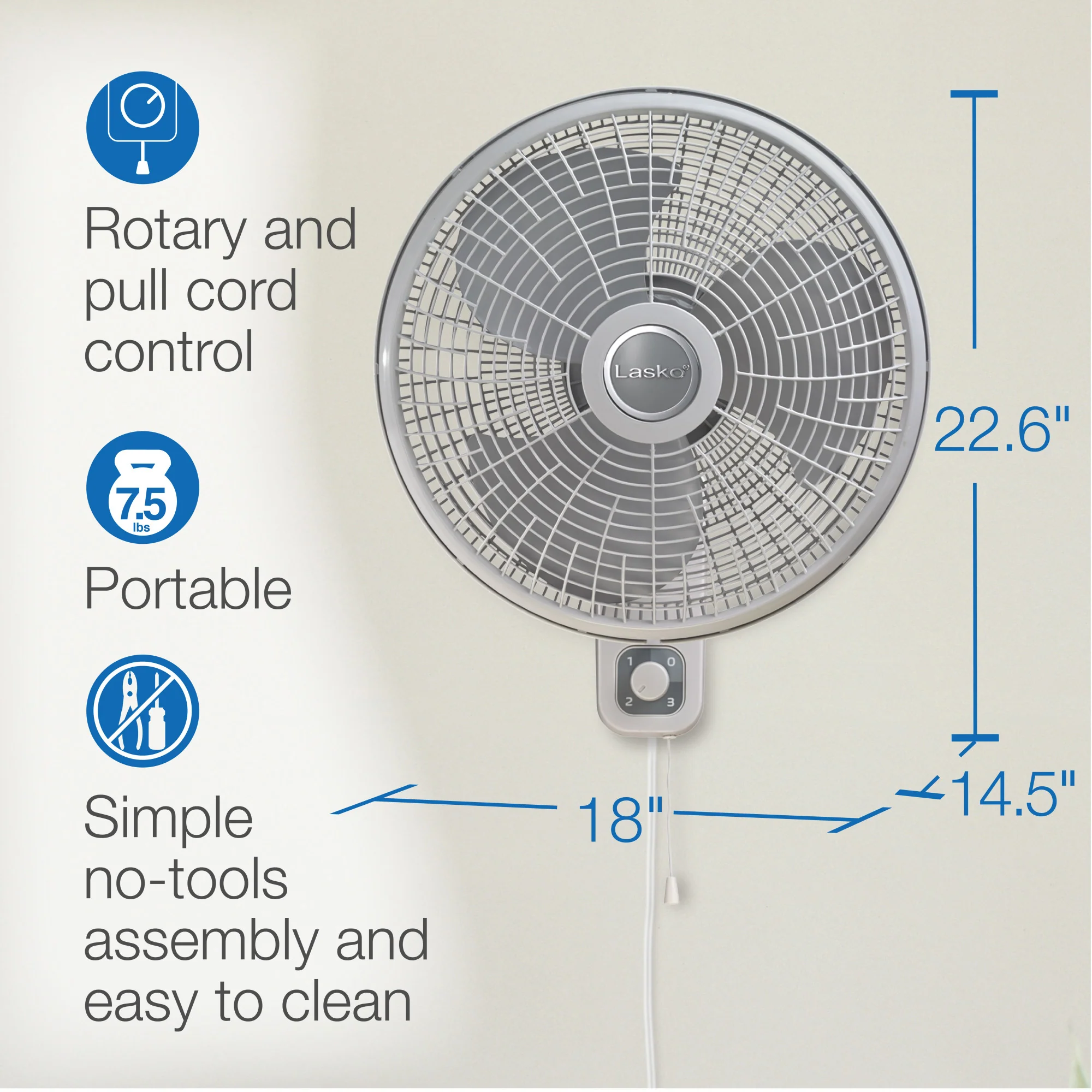 Lasko 16" Wall Mount Fan: Oscillating, 3-Speed, Tilting Head, White - Image 6